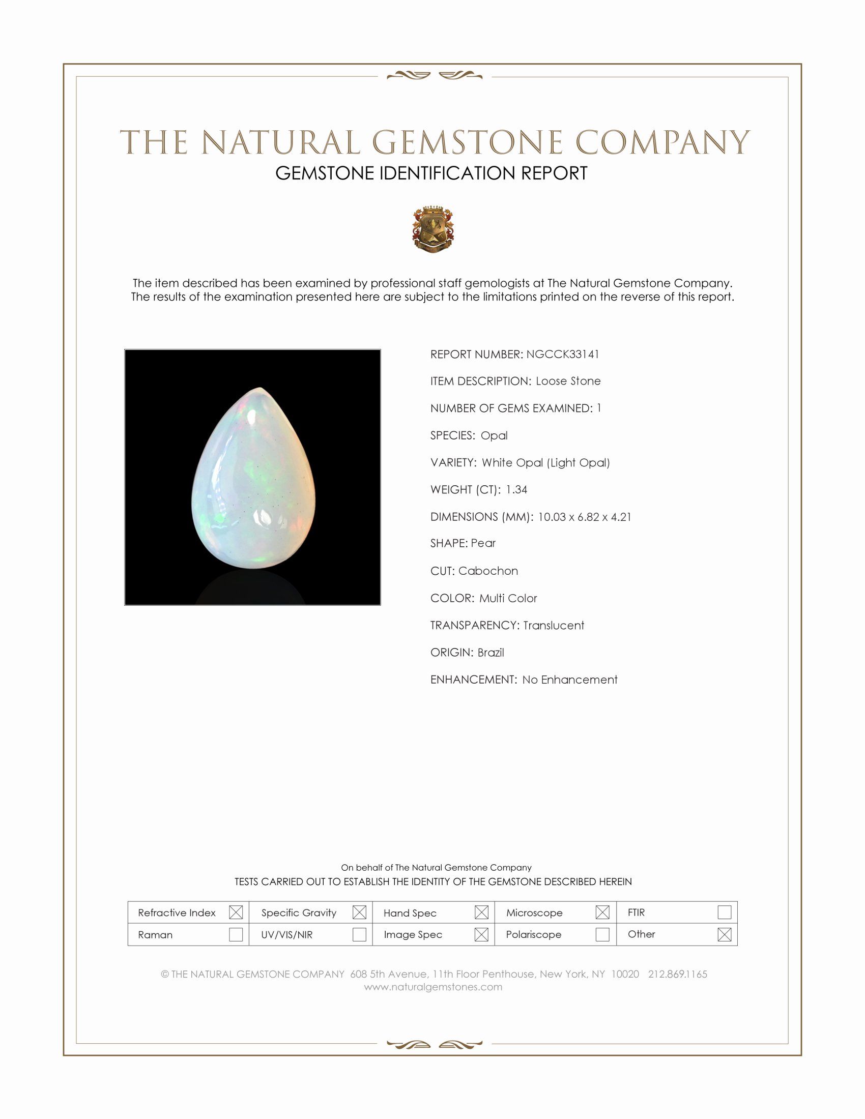 1.34 Ct. Multi Color Cabochon White Opal (Light Opal) from Brazil
