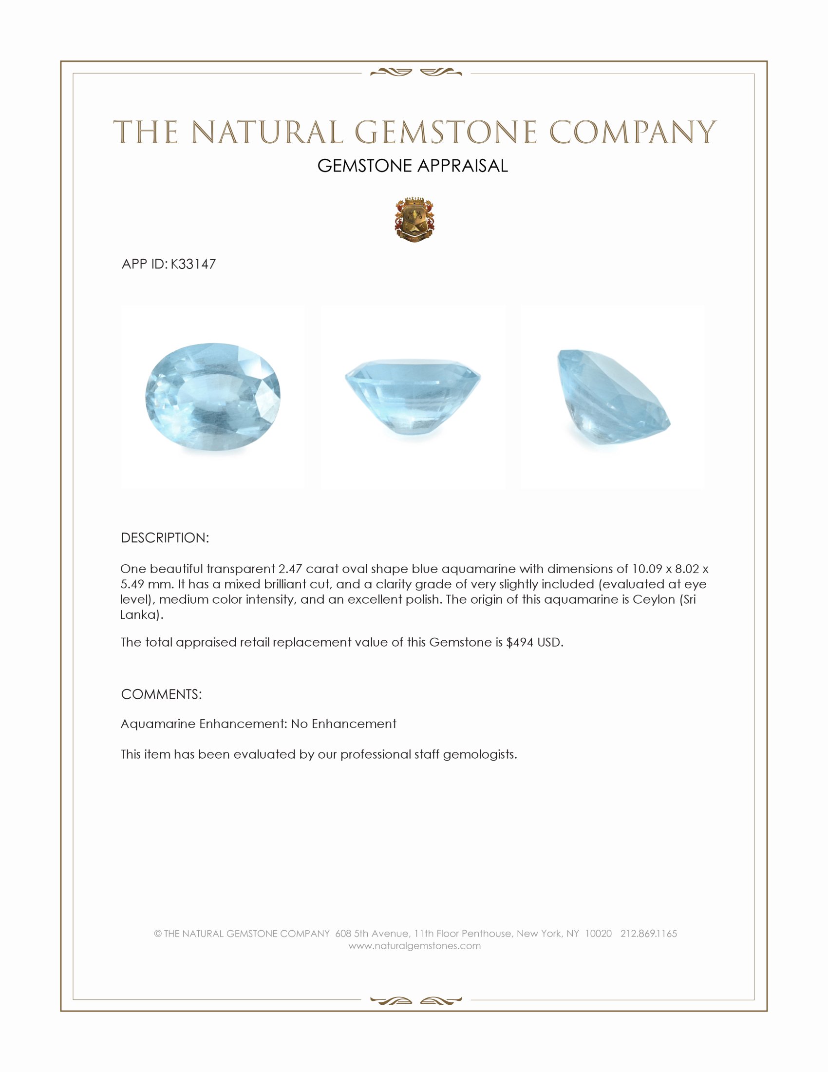 2.47 Ct. Blue Aquamarine from Ceylon (Sri Lanka)