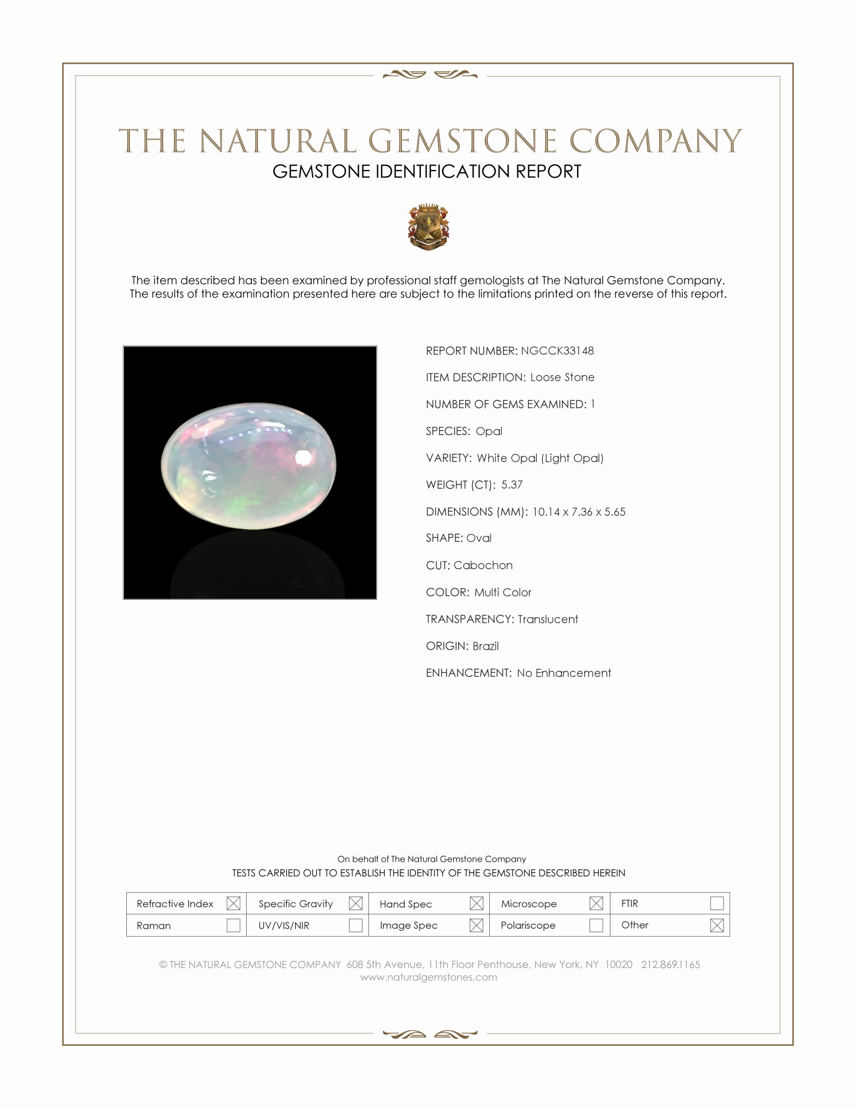 5.37 Ct. Multi Color Cabochon White Opal (Light Opal) from Brazil