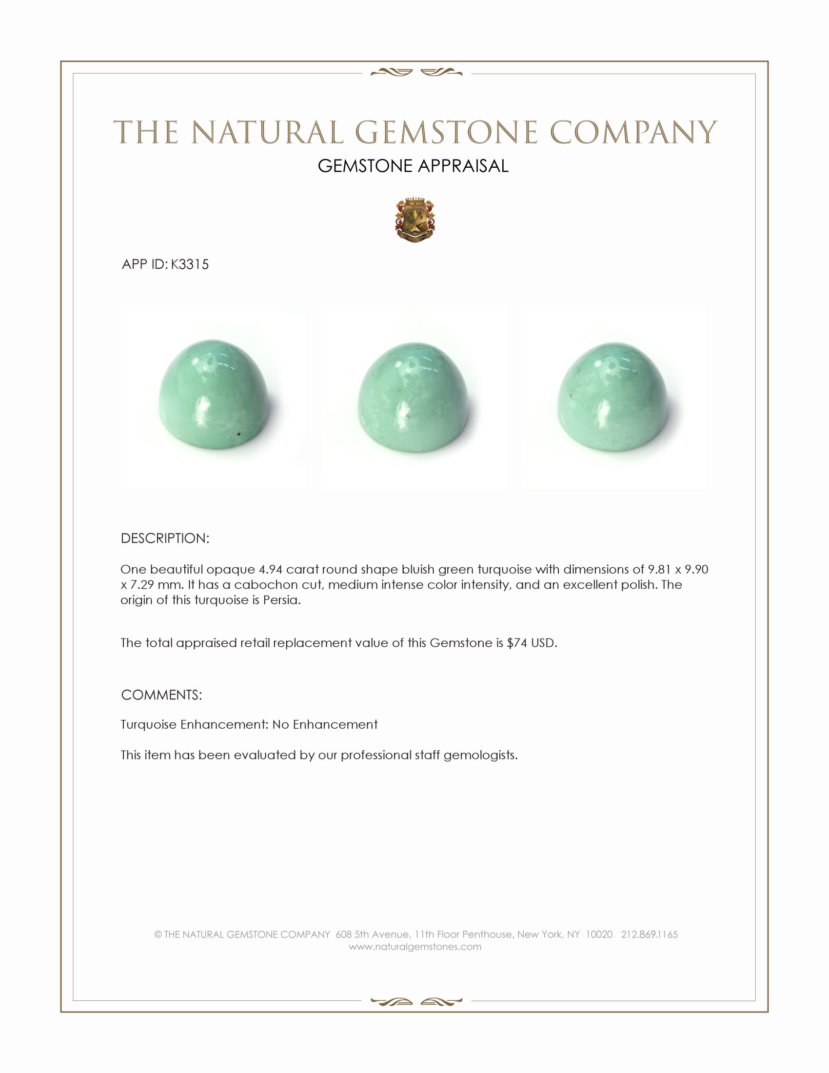 4.94 Ct. Cabochon Turquoise from Persia