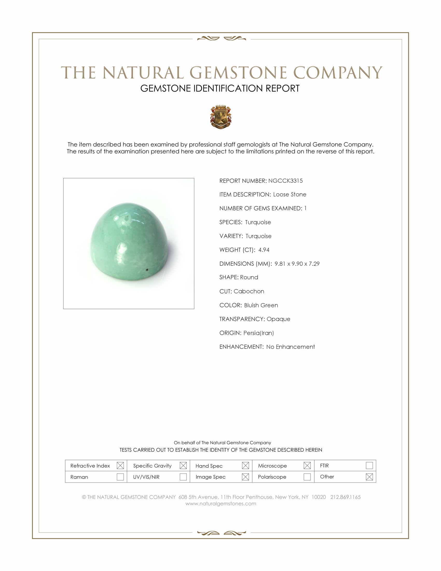 4.94 Ct. Bluish Green Cabochon Turquoise from Persia(Iran)