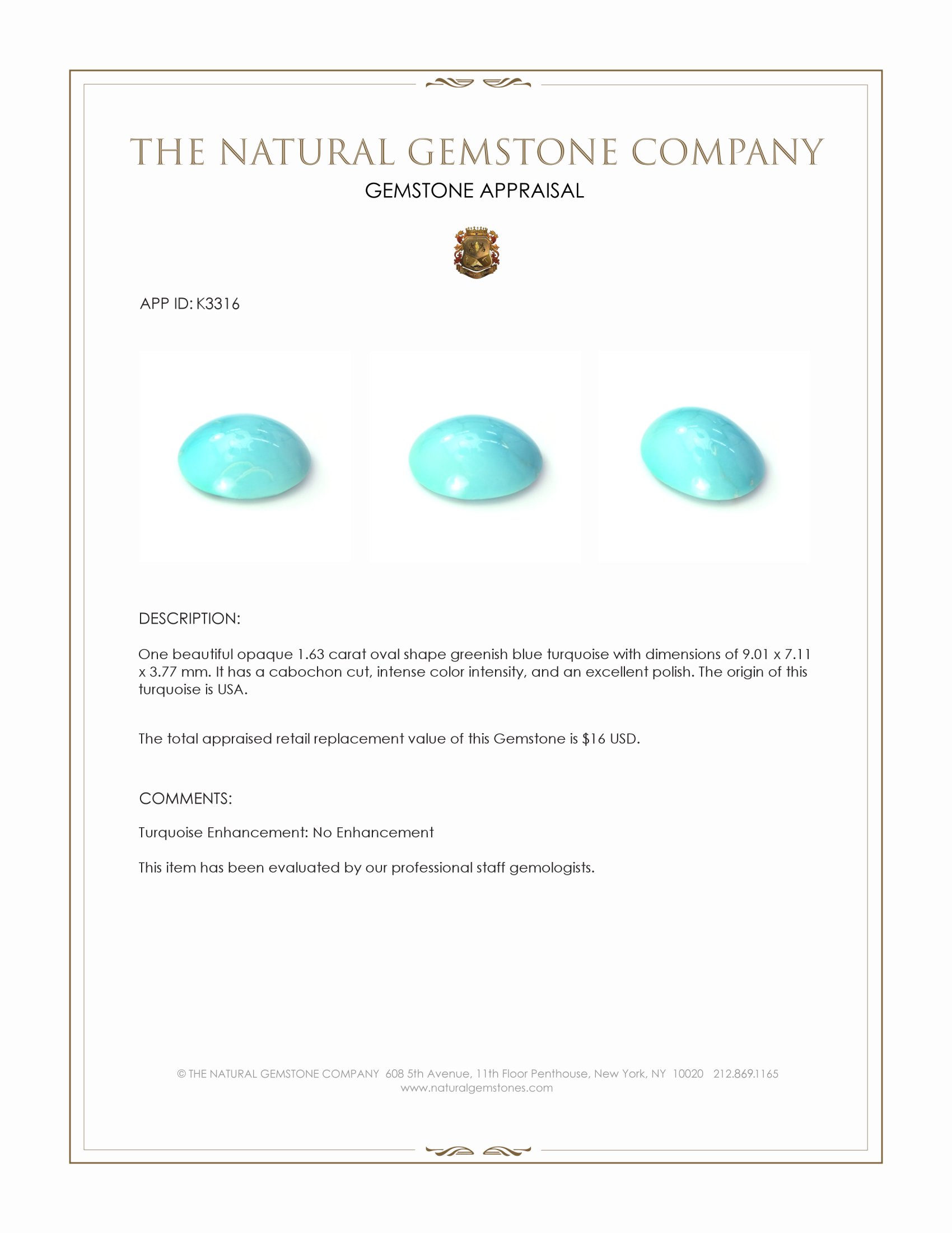 1.63 Ct. Greenish Blue Cabochon Turquoise from USA