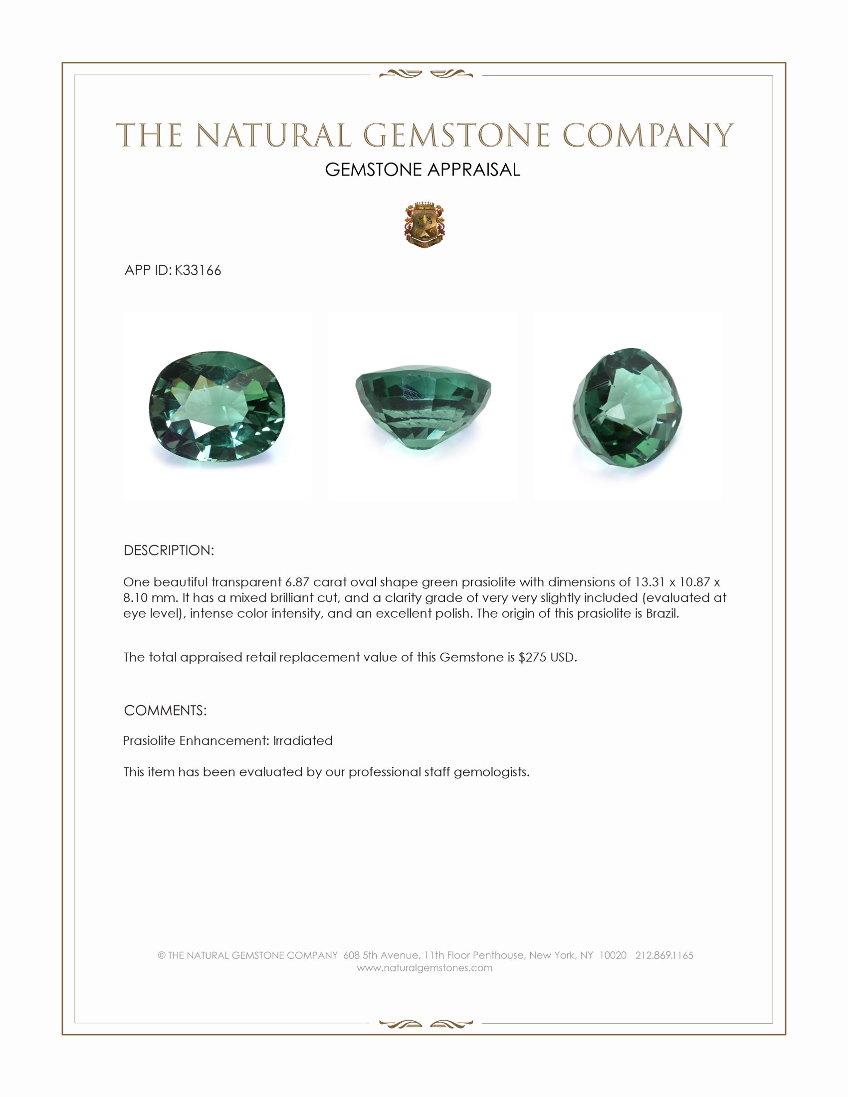 6.87 Ct. Green Prasiolite from Brazil