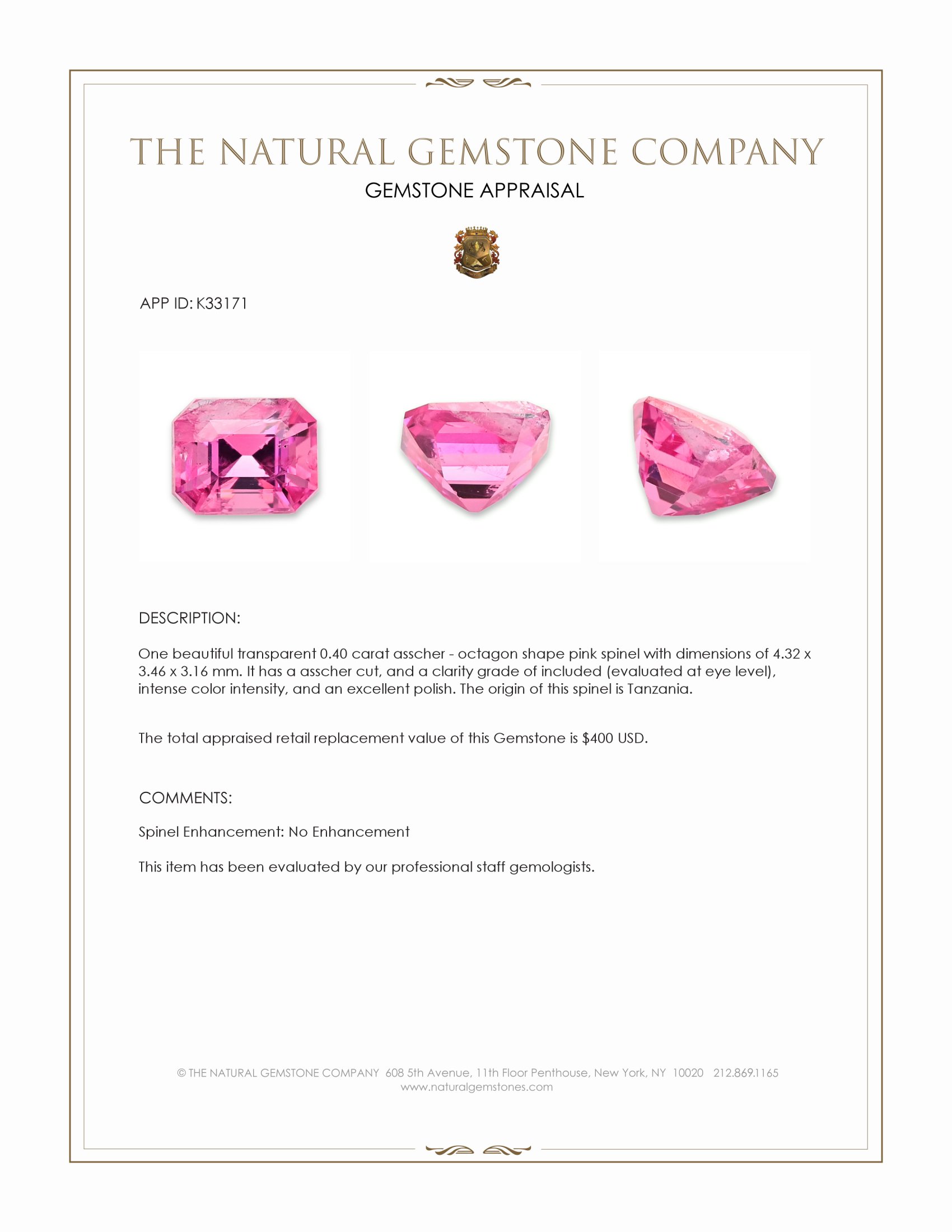 0.40 Ct. Pink Spinel from Tanzania