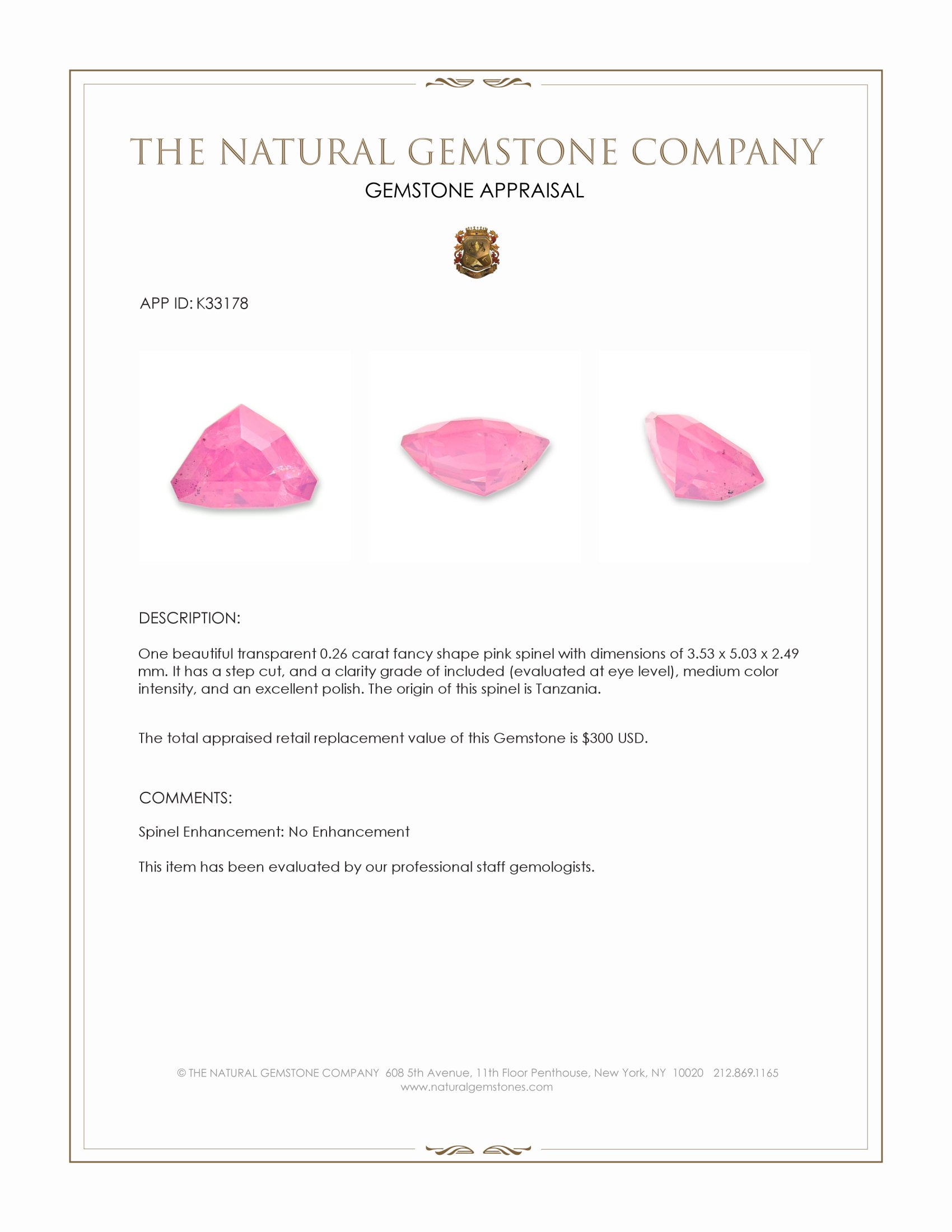 0.26 Ct. Pink Spinel from Tanzania