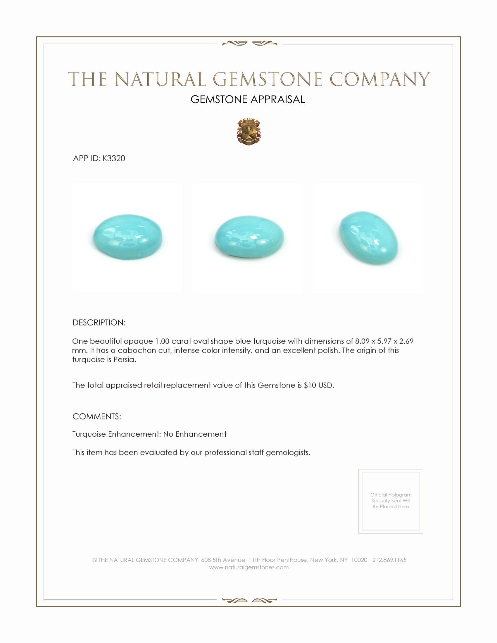 1.00 Ct. Cabochon Turquoise from Persia