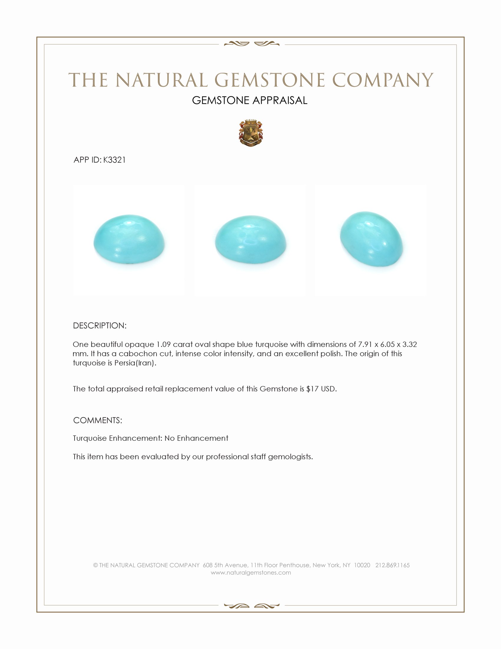 1.09 Ct. Blue Cabochon Turquoise from Persia(Iran)