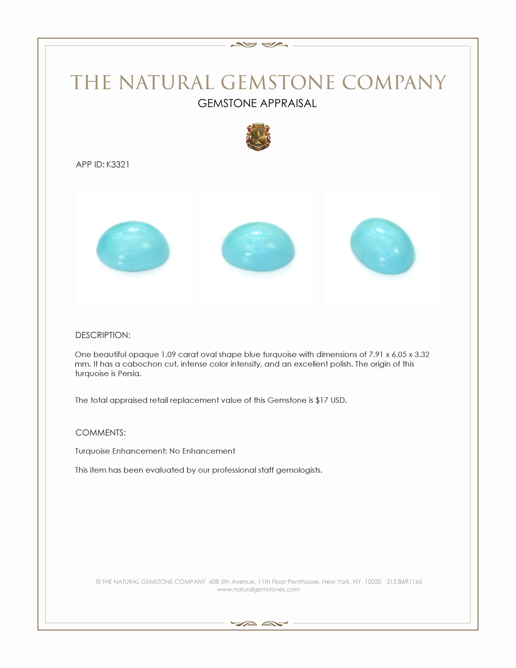 1.09 Ct. Cabochon Turquoise from Persia