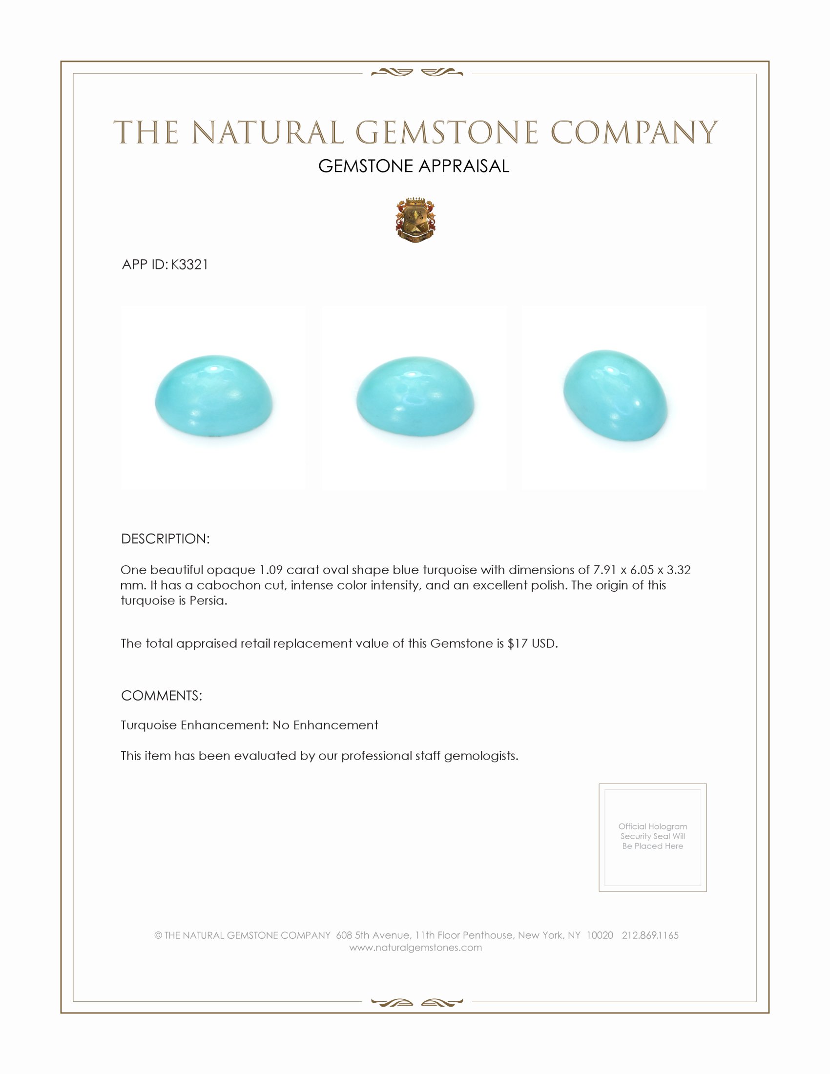 1.09 Ct. Cabochon Turquoise from Persia