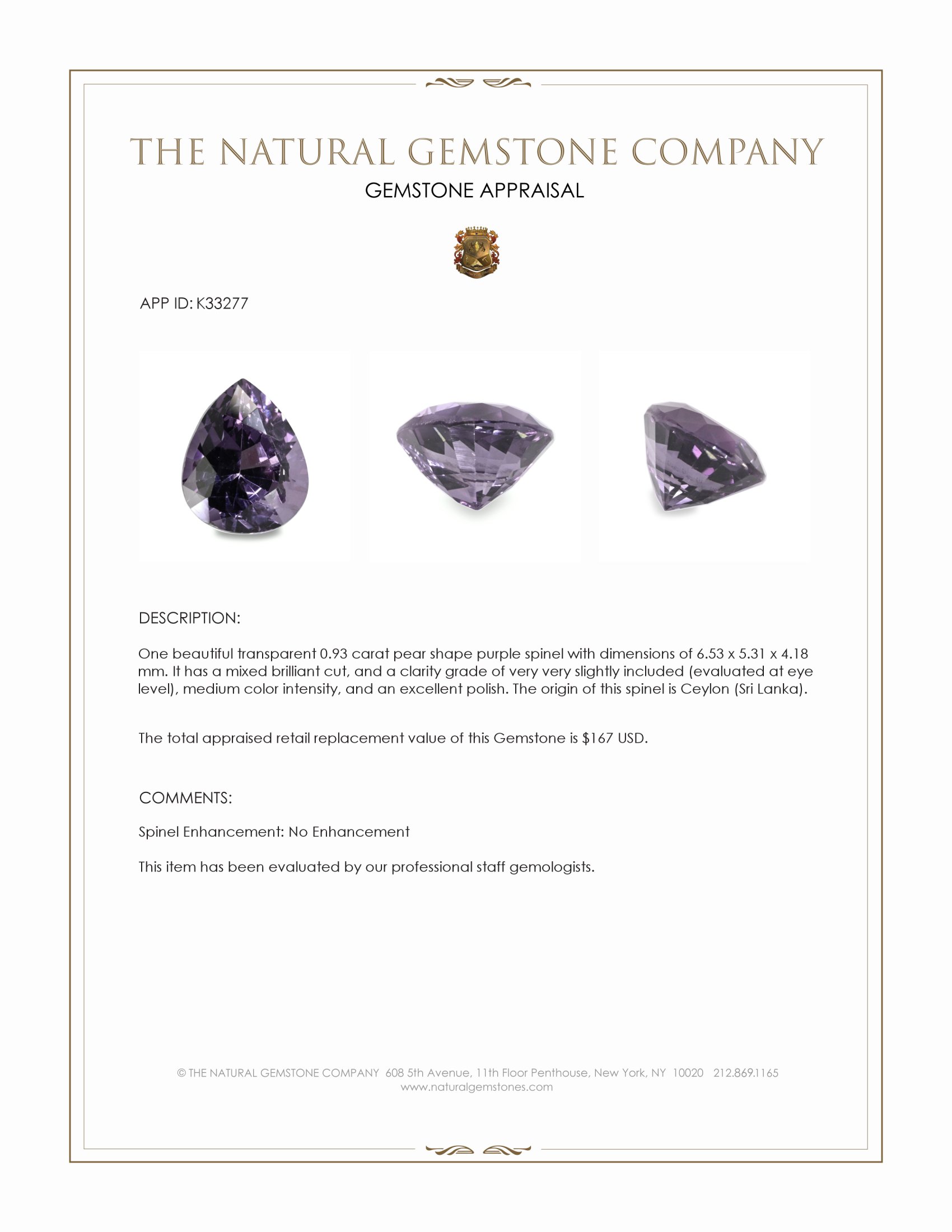 0.93 Ct. Purple Spinel from Ceylon (Sri Lanka)