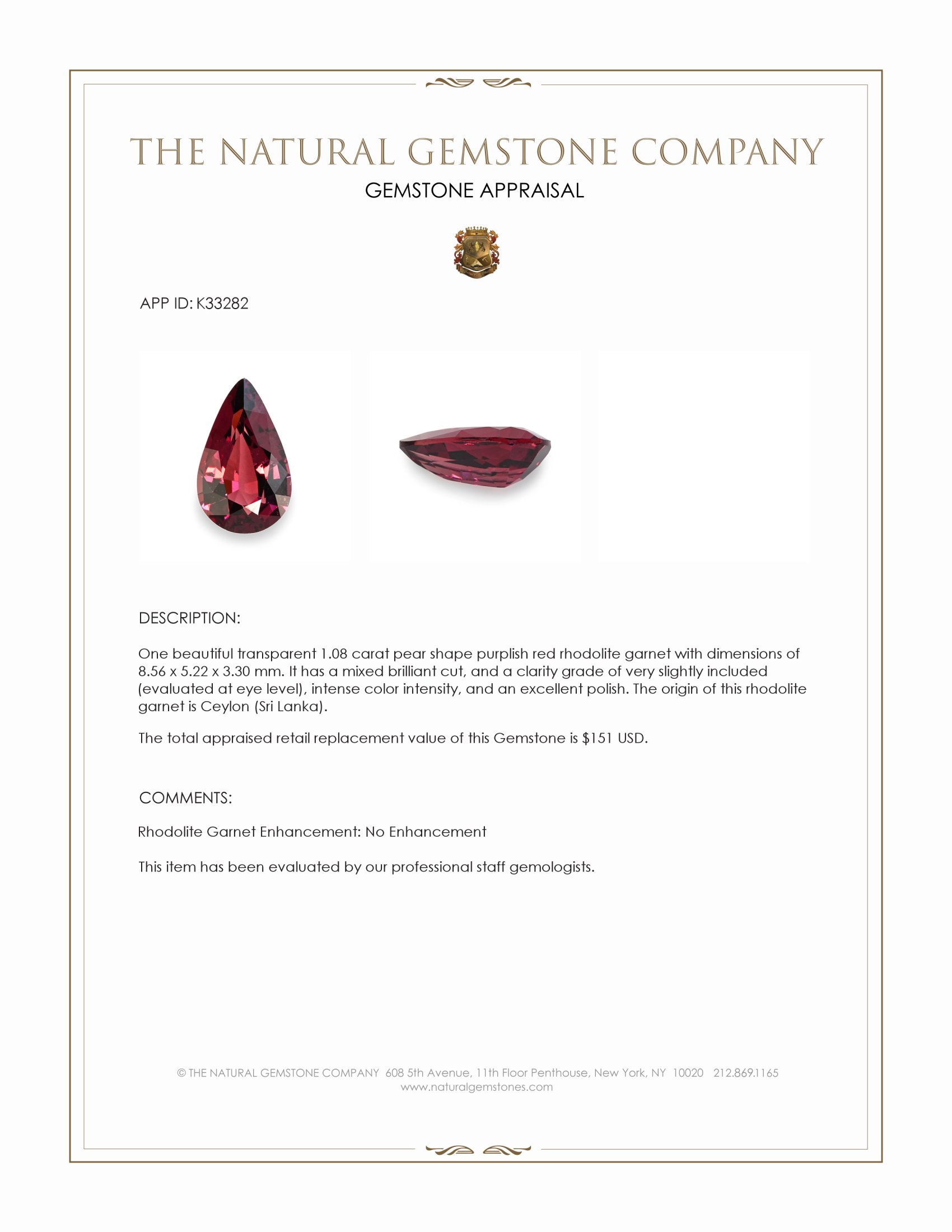 1.08 Ct. Purplish Red Rhodolite Garnet from Ceylon (Sri Lanka)
