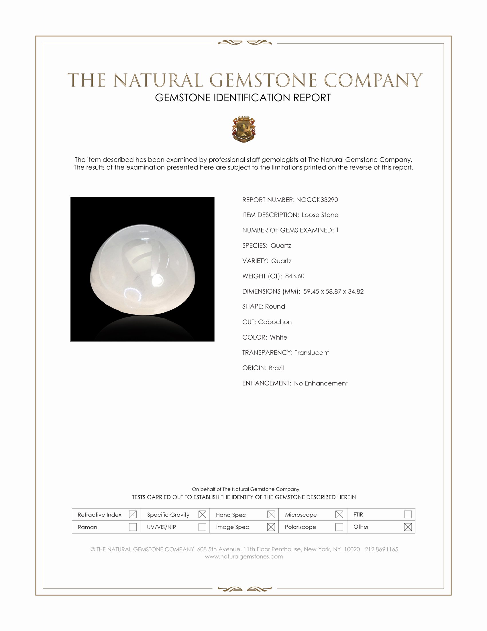 843.60 Ct. White Cabochon Quartz from Brazil