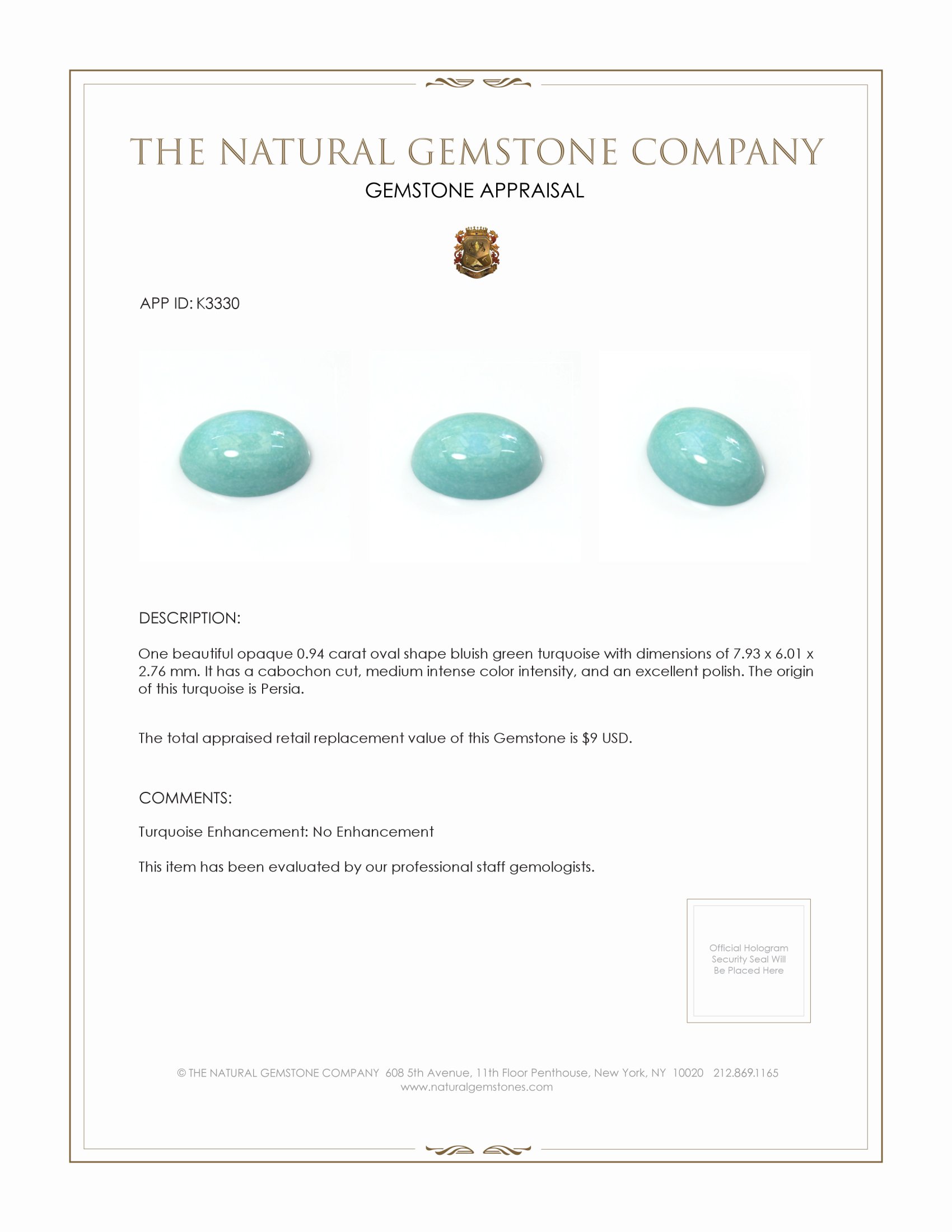 0.94 Ct. Cabochon Turquoise from Persia