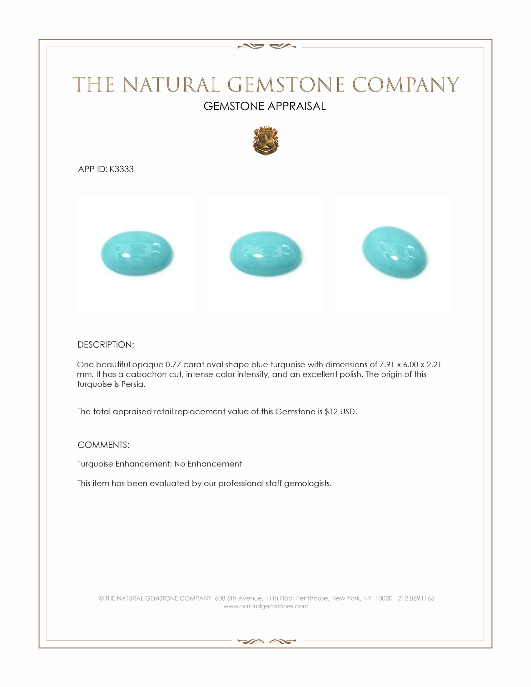 0.77 Ct. Cabochon Turquoise from Persia