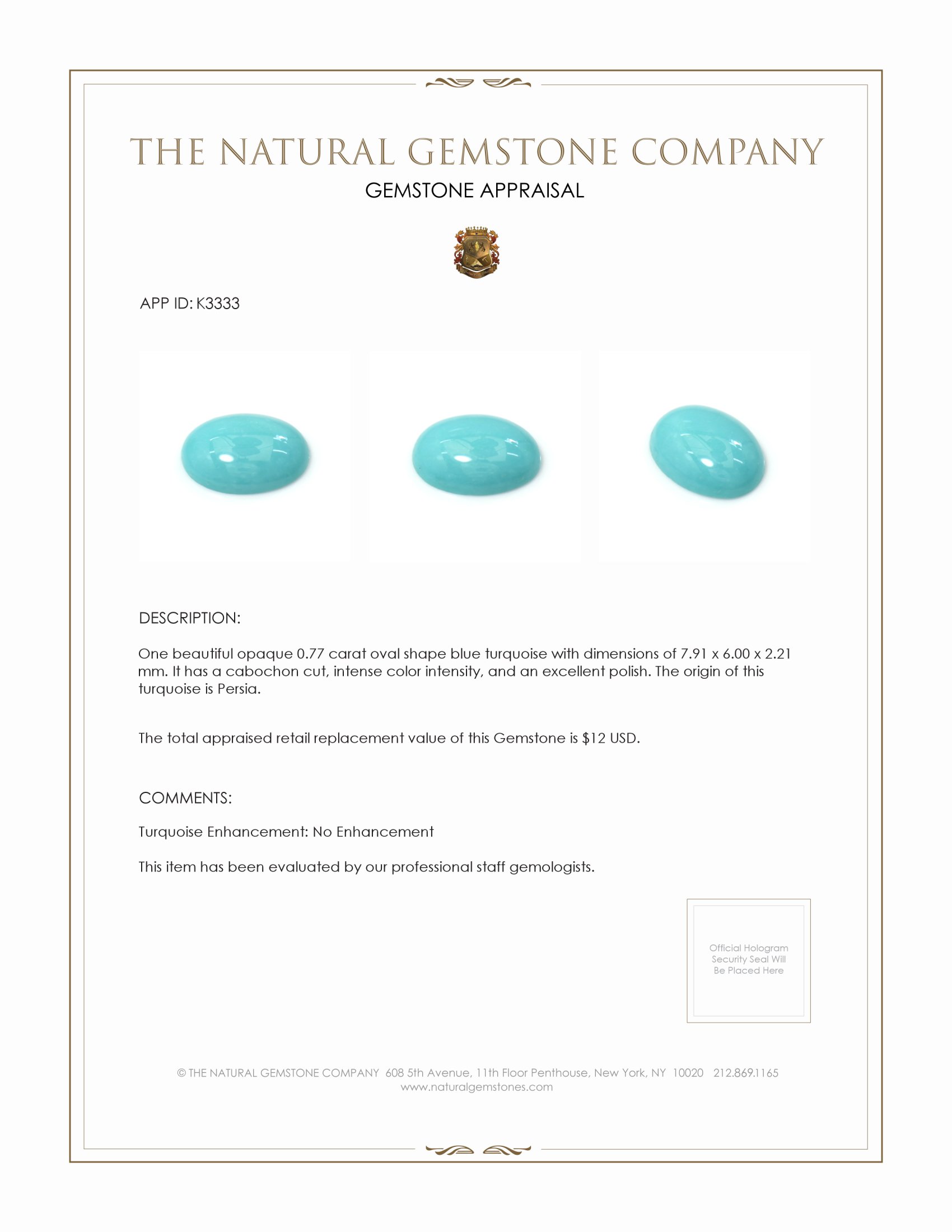 0.77 Ct. Cabochon Turquoise from Persia