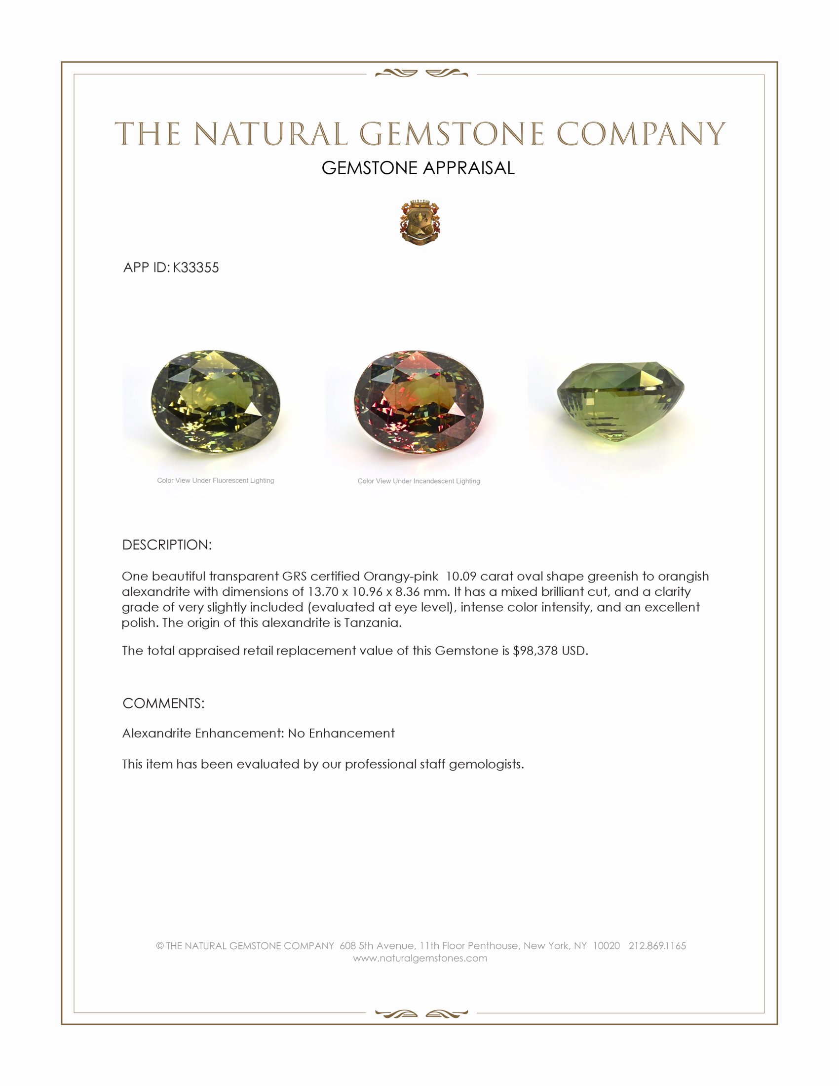 10.09 Ct. Alexandrite from Tanzania