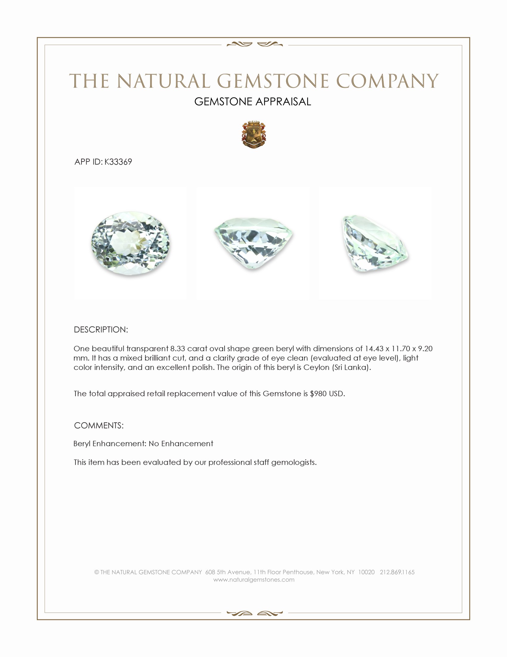 8.33 Ct. Green Beryl from Ceylon (Sri Lanka)