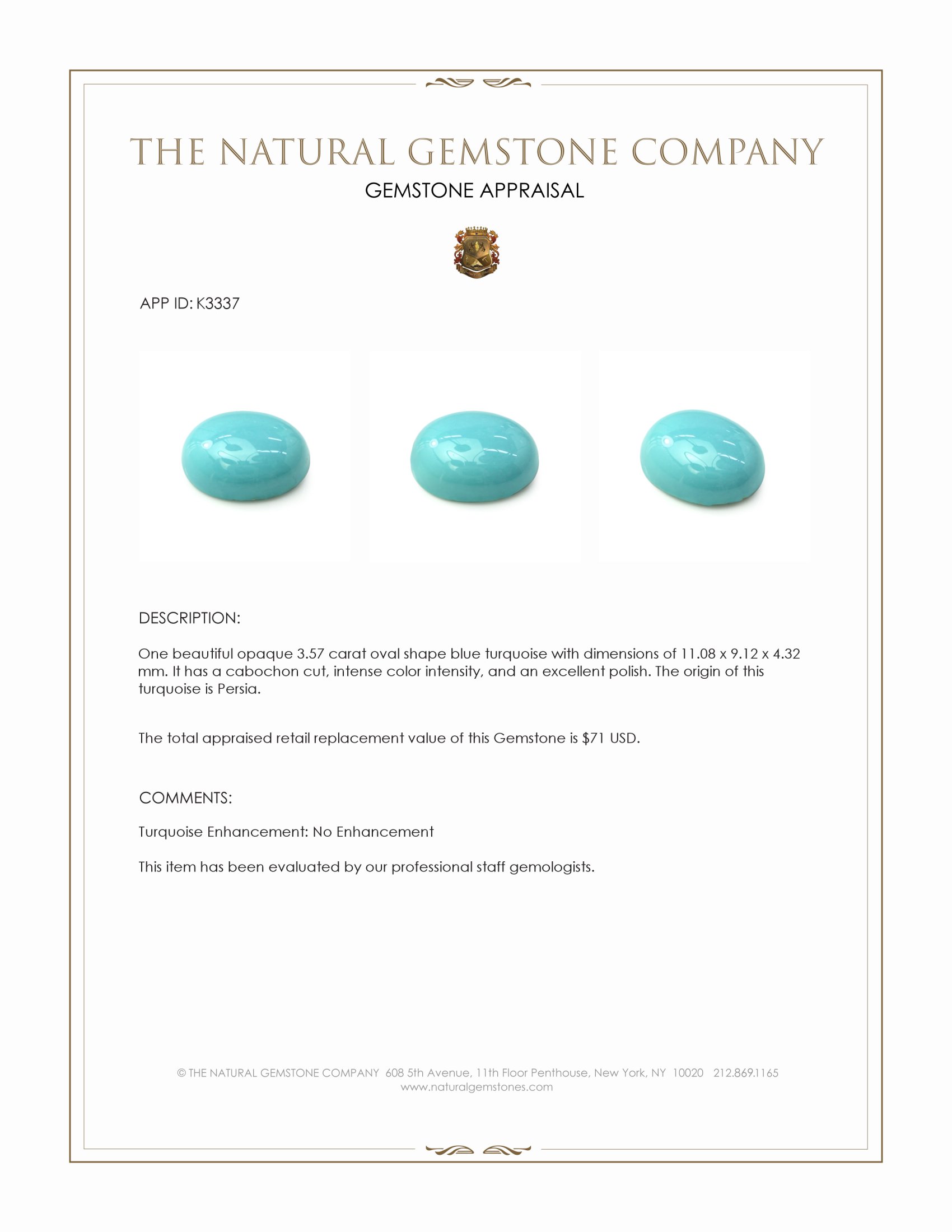 3.57 Ct. Cabochon Turquoise from Persia