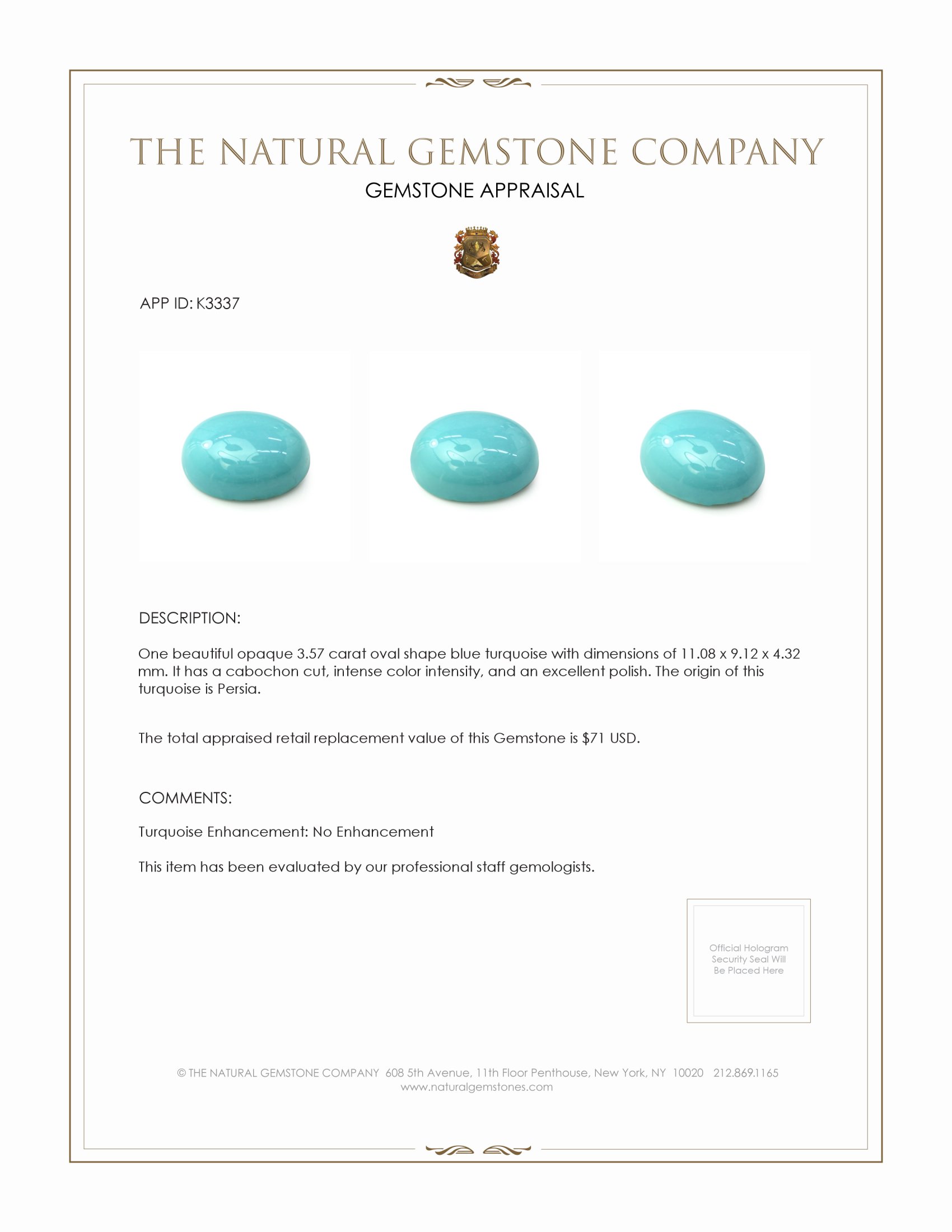 3.57 Ct. Cabochon Turquoise from Persia