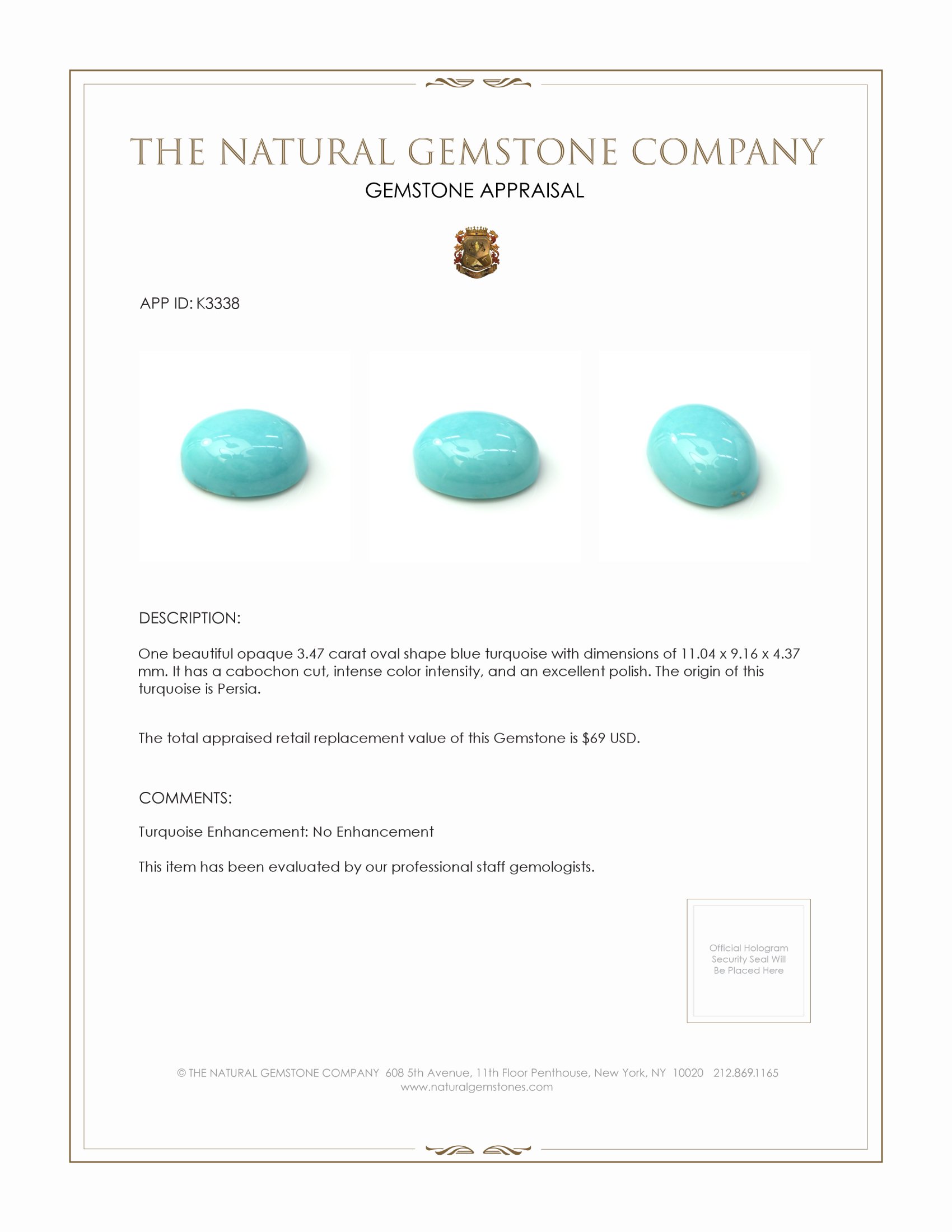 3.47 Ct. Cabochon Turquoise from Persia