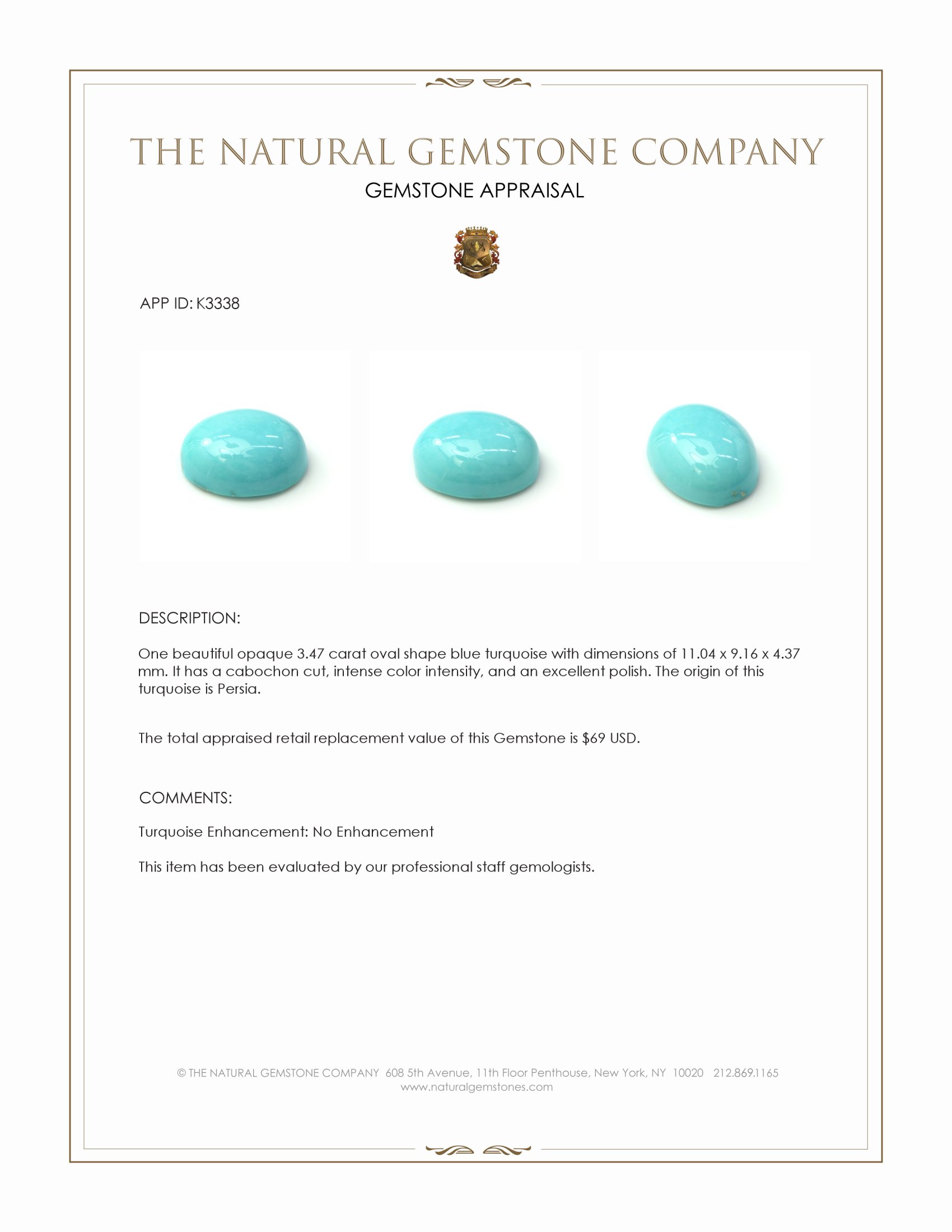 3.47 Ct. Cabochon Turquoise from Persia