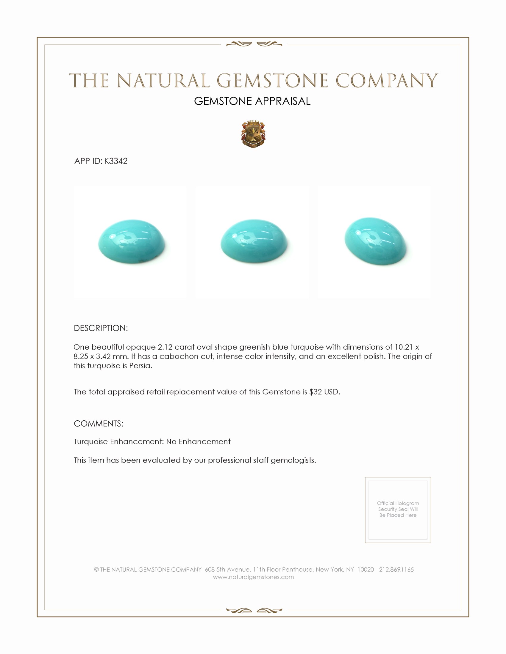 2.12 Ct. Cabochon Turquoise from Persia