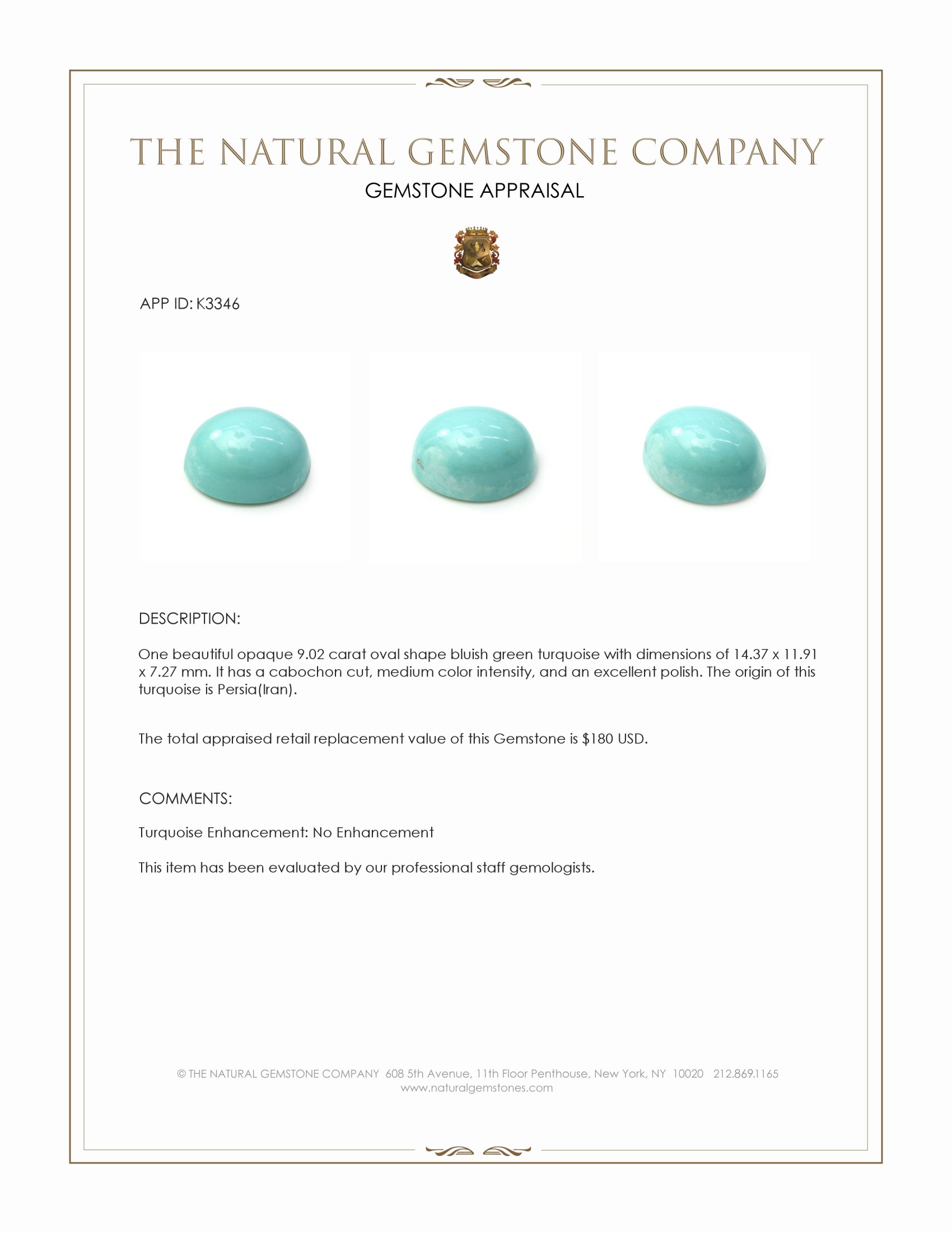9.02 Ct. Bluish Green Cabochon Turquoise from Persia(Iran)