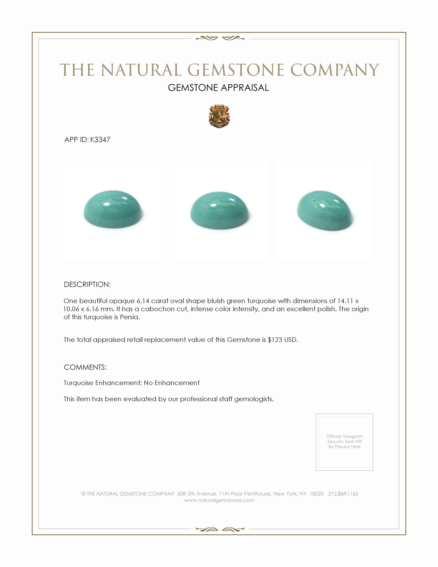 6.14 Ct. Cabochon Turquoise from Persia