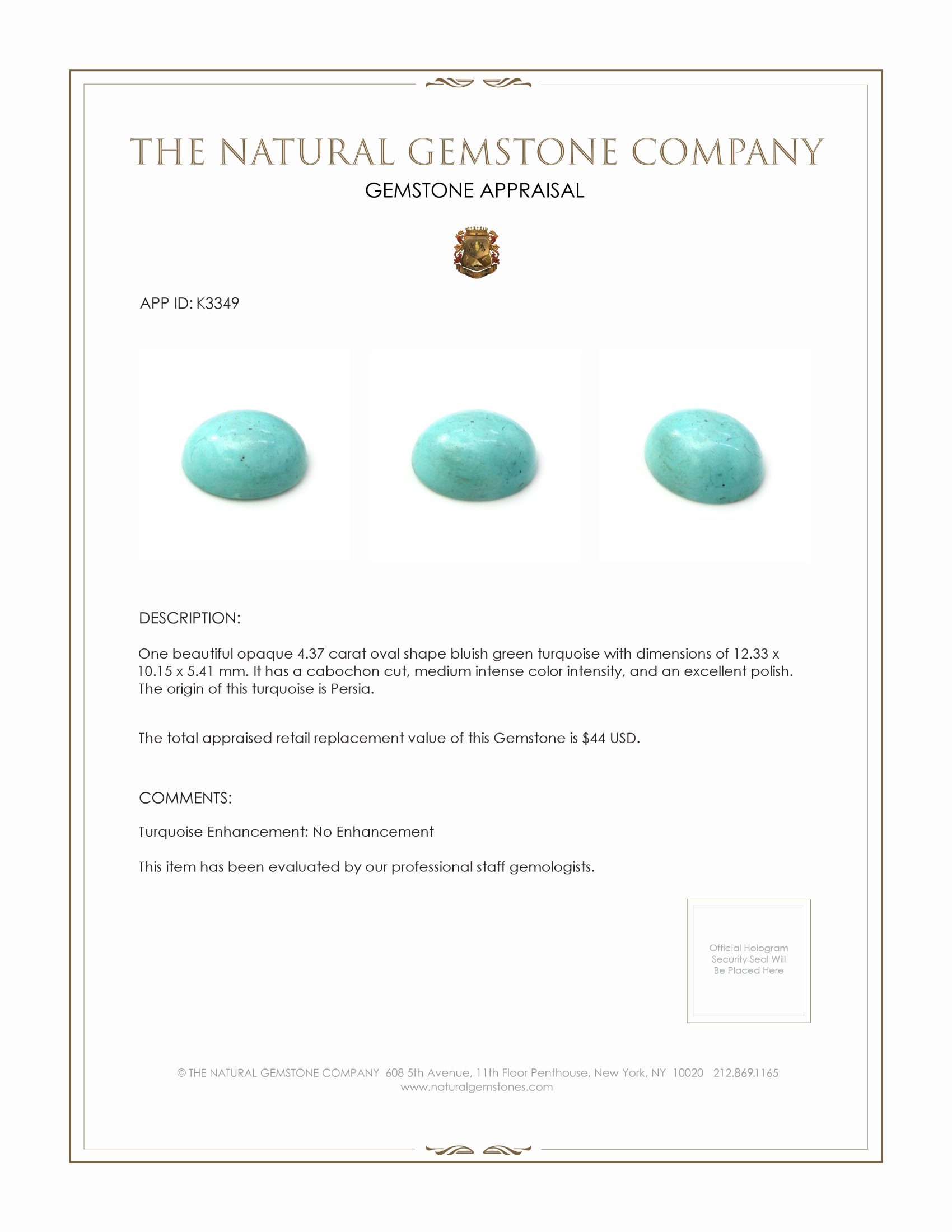 4.37 Ct. Bluish Green Cabochon Turquoise from Persia(Iran)