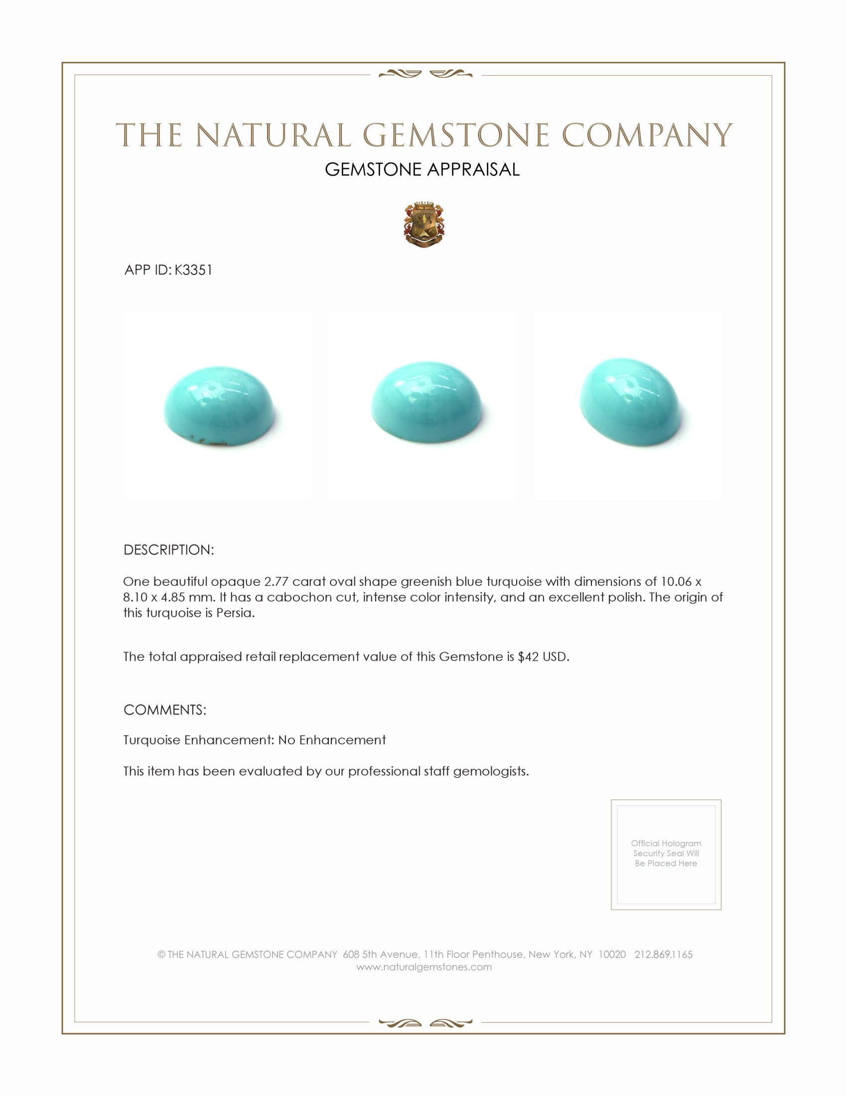 2.77 Ct. Cabochon Turquoise from Persia