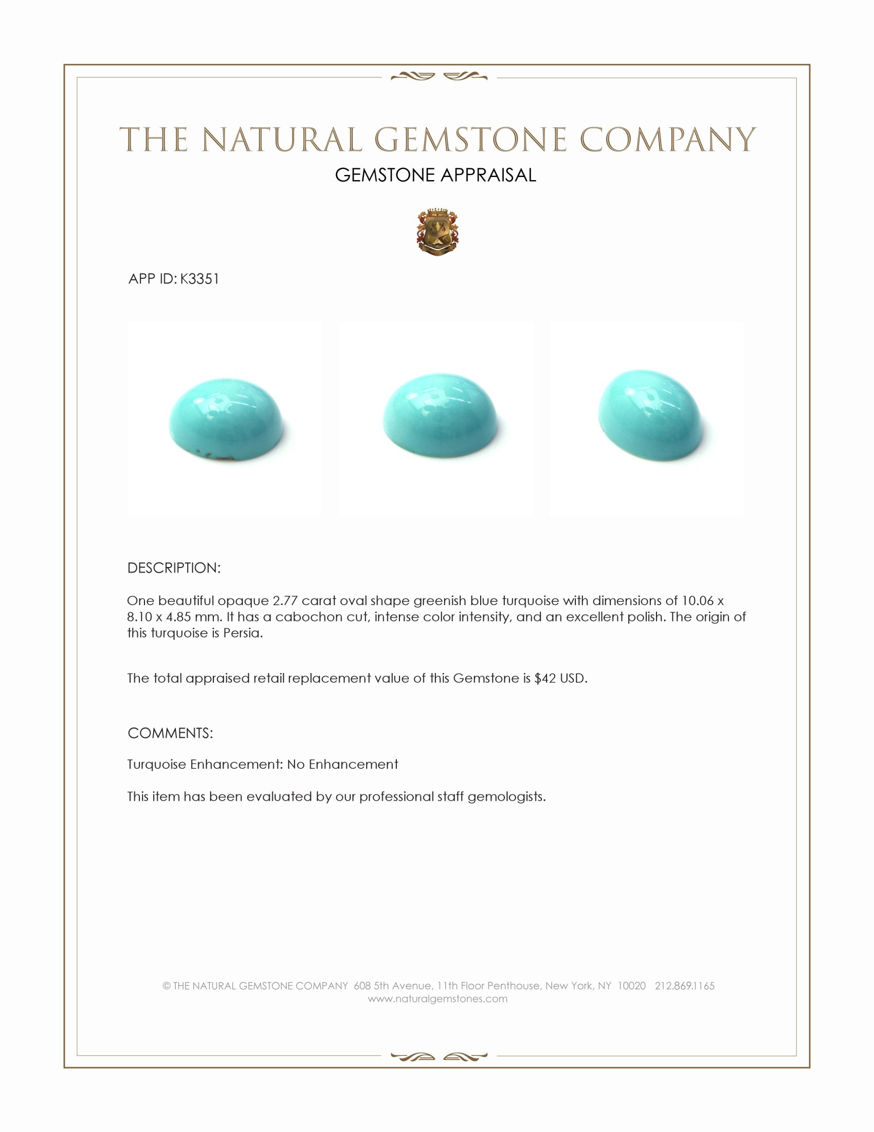 2.77 Ct. Cabochon Turquoise from Persia