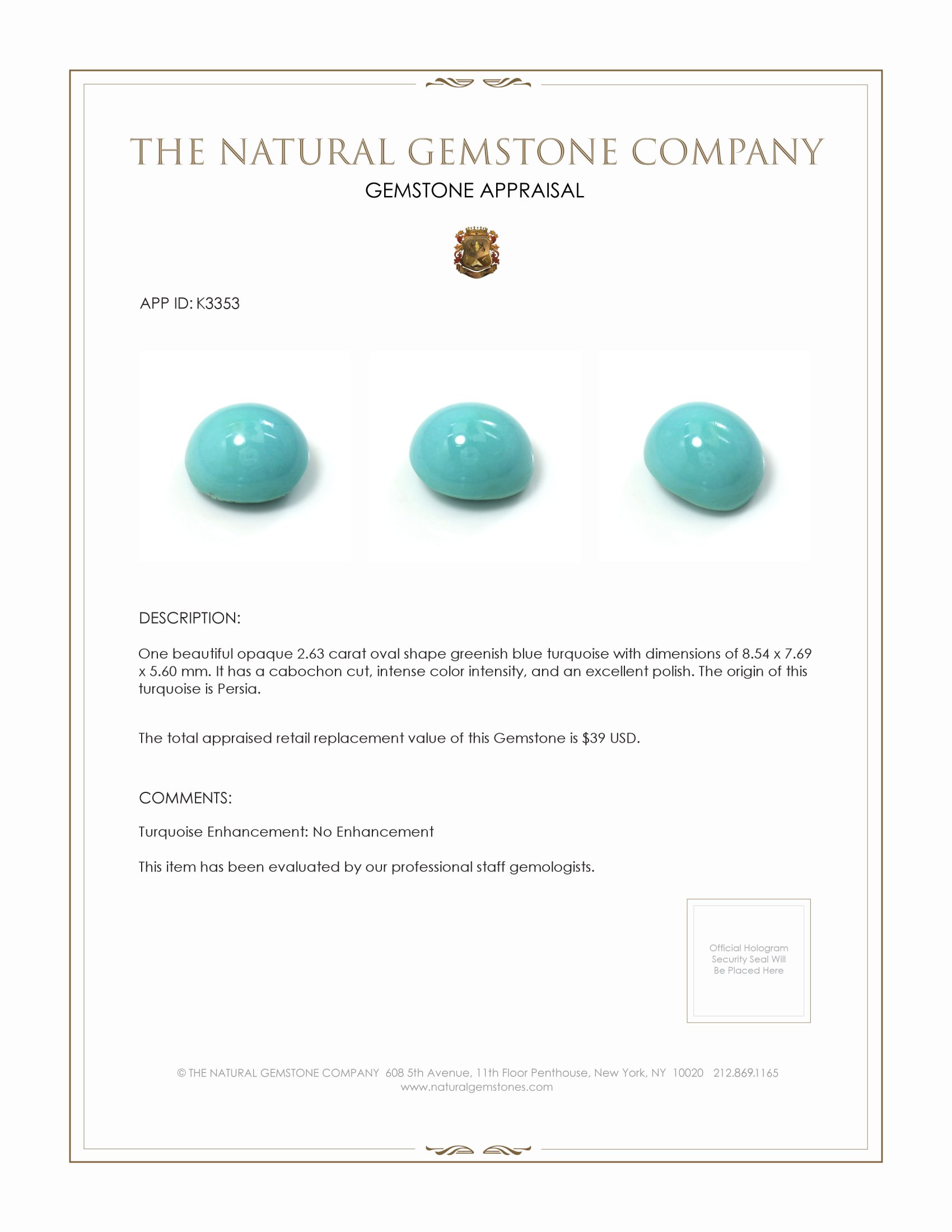 2.63 Ct. Cabochon Turquoise from Persia