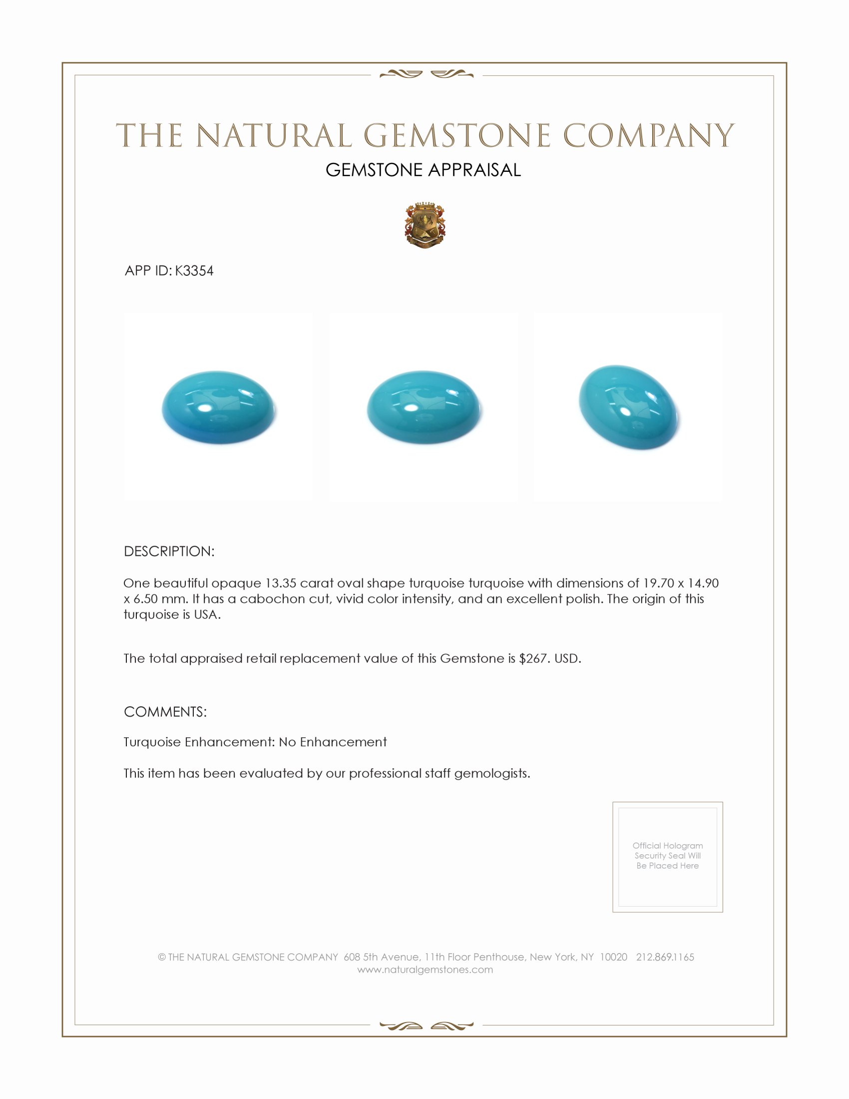 13.35 Ct. Cabochon Turquoise from United States