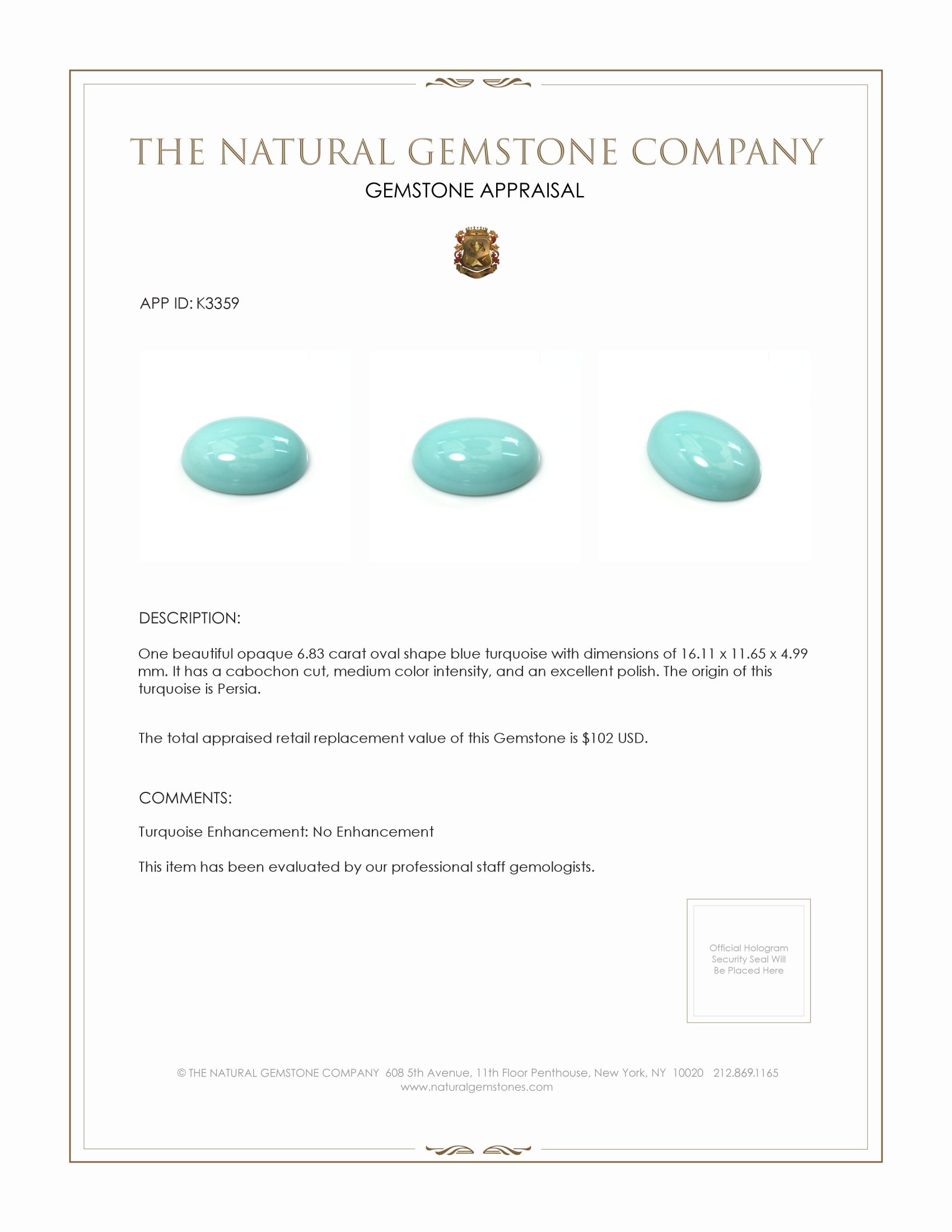 6.83 Ct. Cabochon Turquoise from Persia