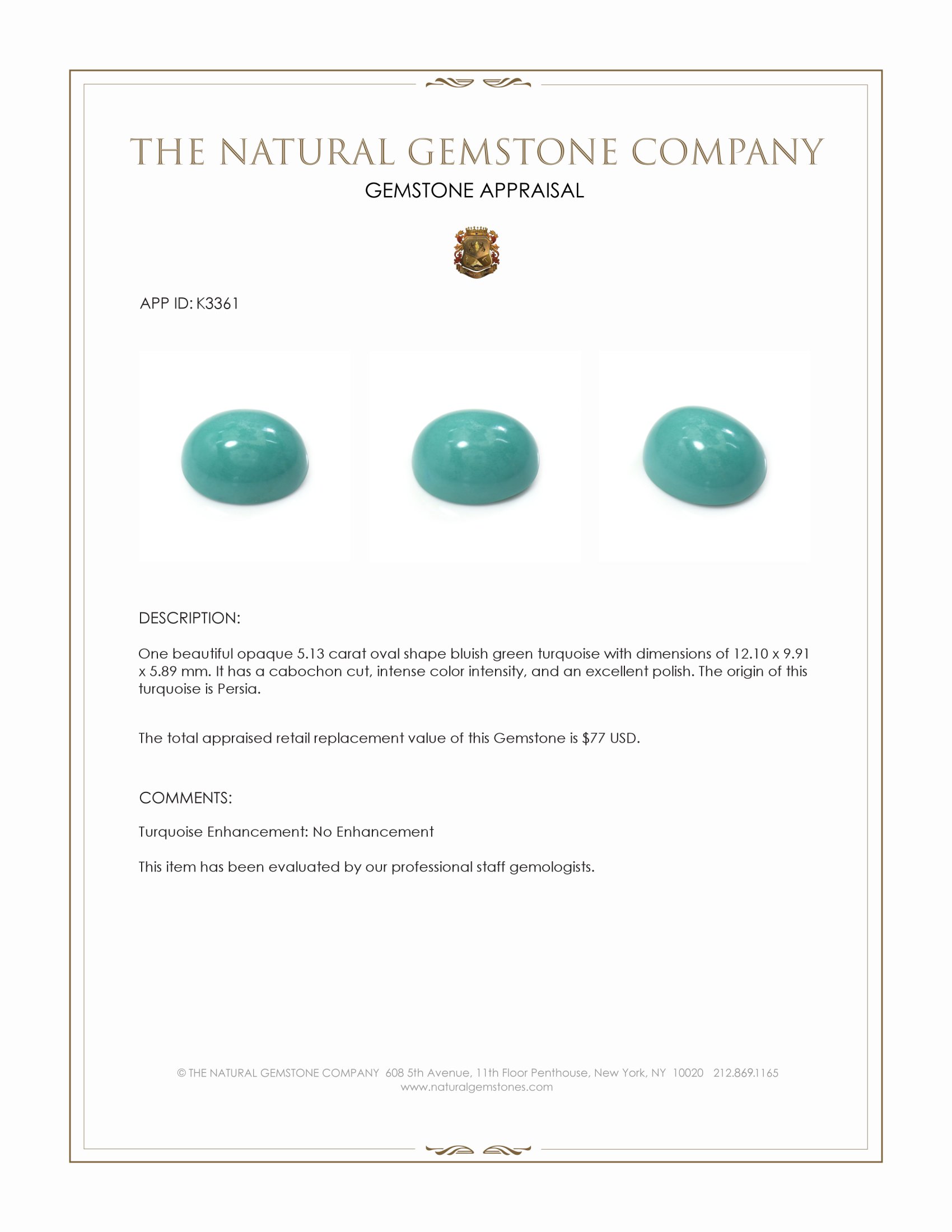 5.13 Ct. Cabochon Turquoise from Persia