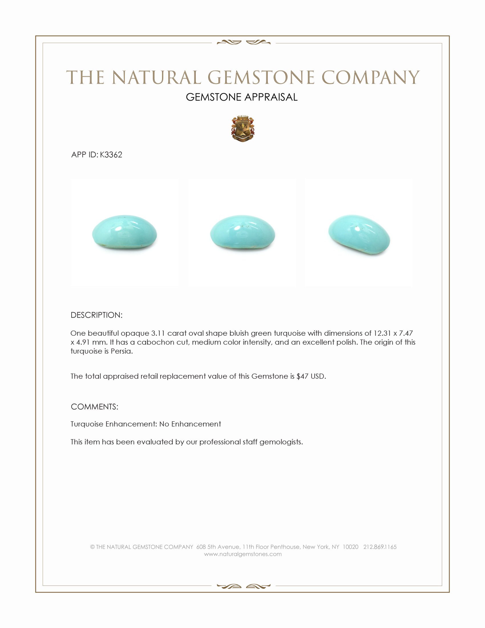 3.11 Ct. Cabochon Turquoise from Persia