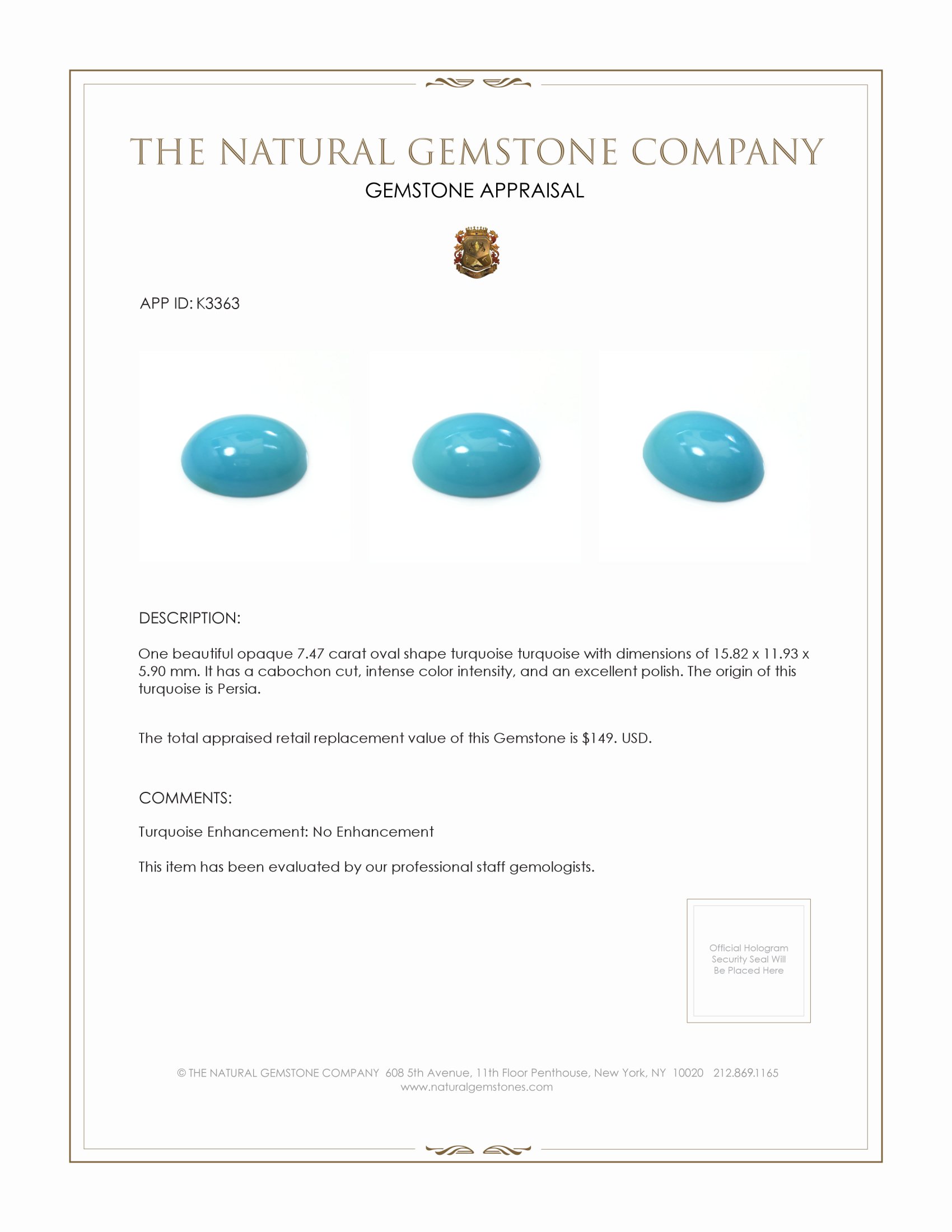 7.47 Ct. Cabochon Turquoise from Persia(Iran)