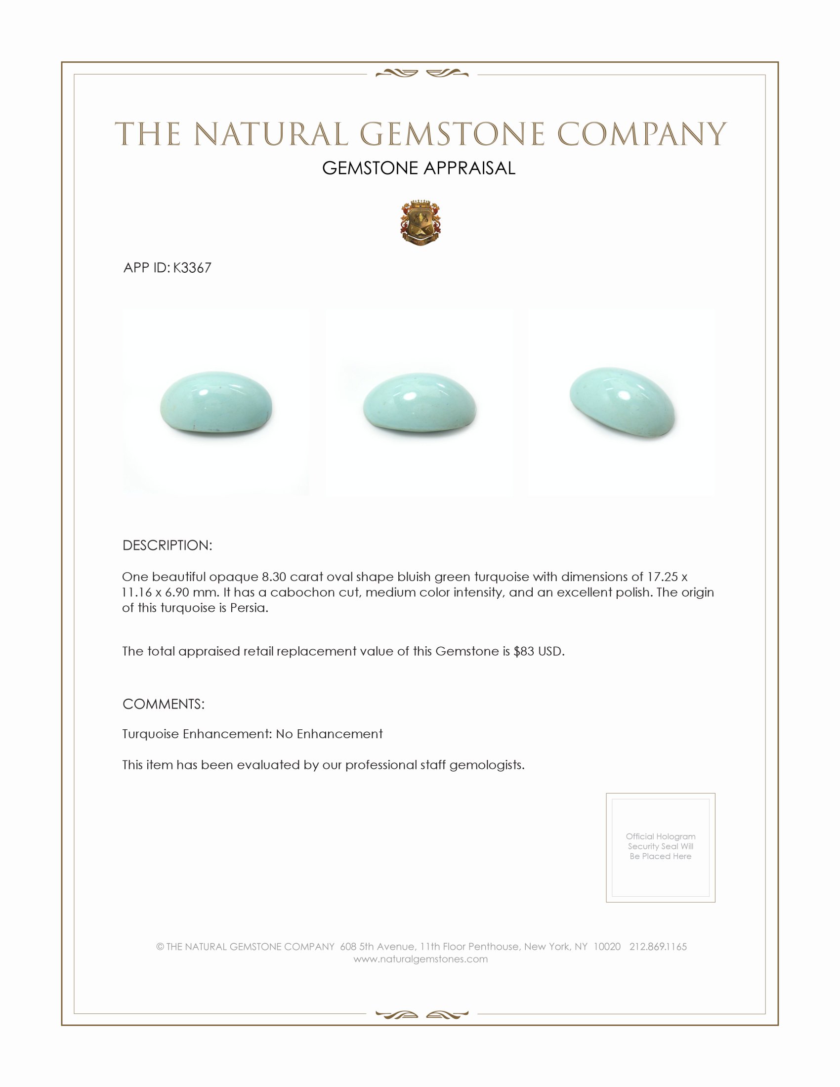 8.30 Ct. Cabochon Turquoise from Persia(Iran)