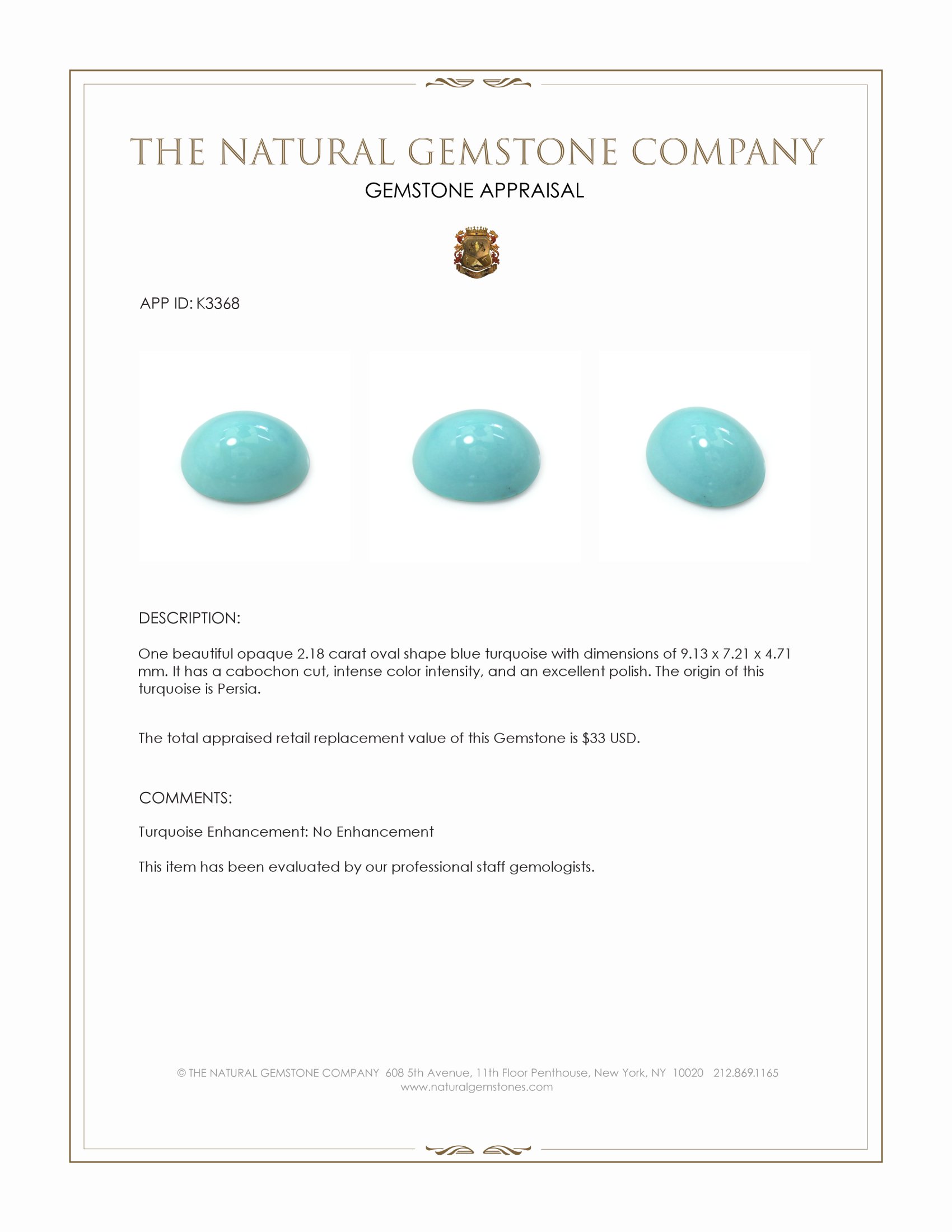 2.18 Ct. Cabochon Turquoise from Persia