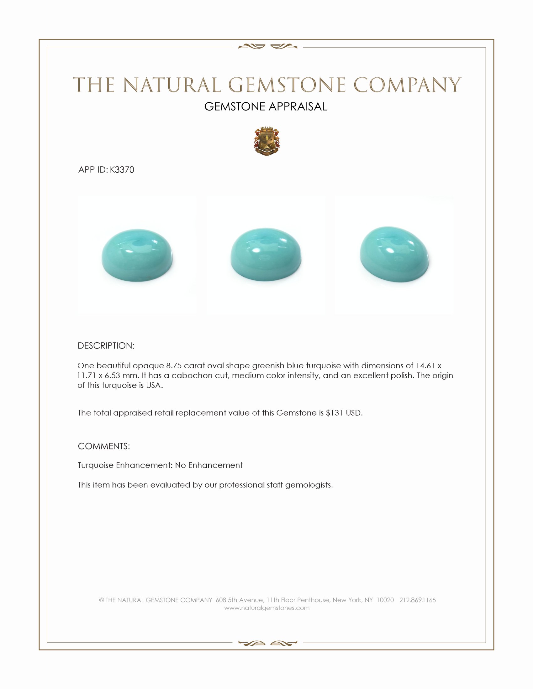 8.75 Ct. Cabochon Turquoise from USA