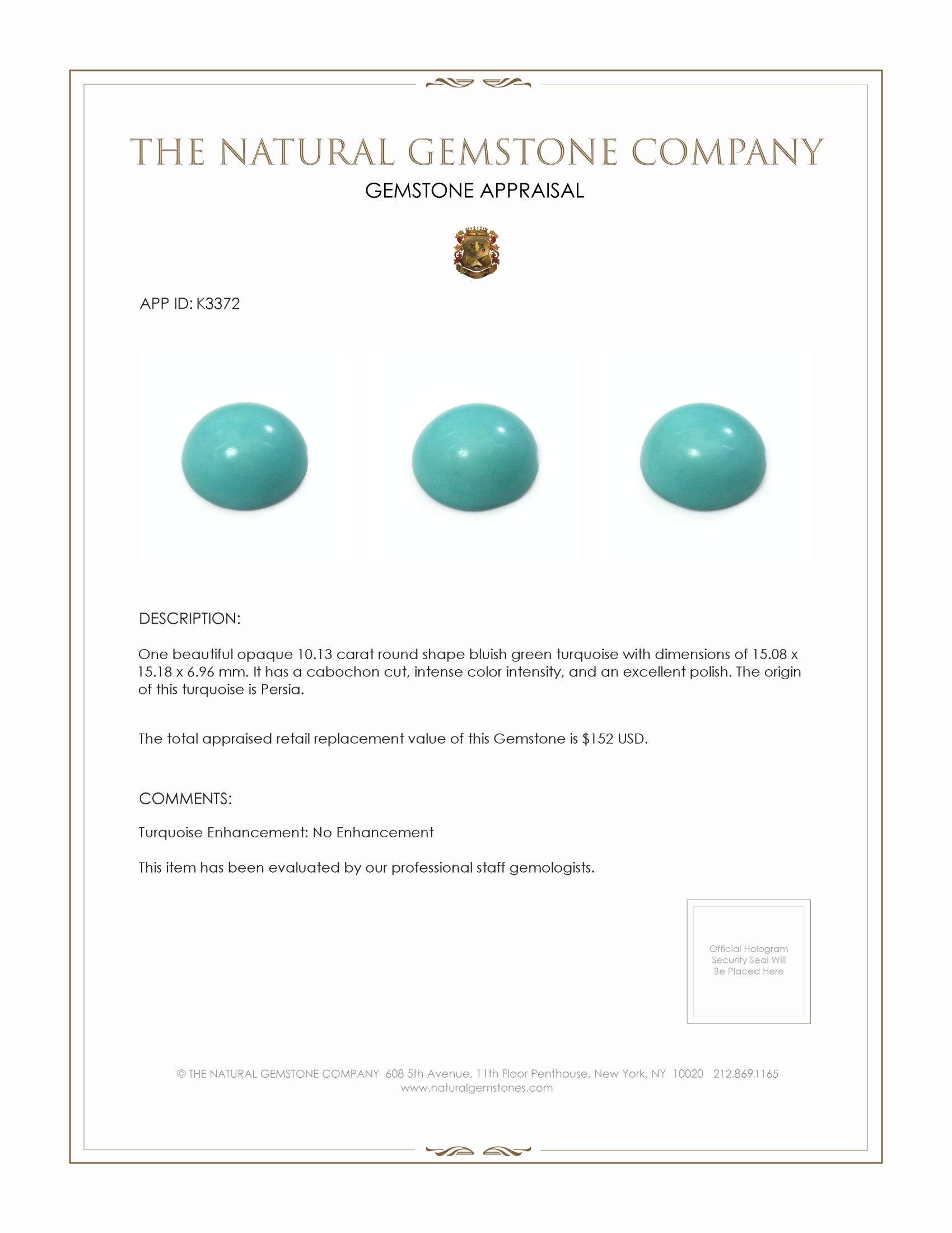 10.13 Ct. Cabochon Turquoise from Persia