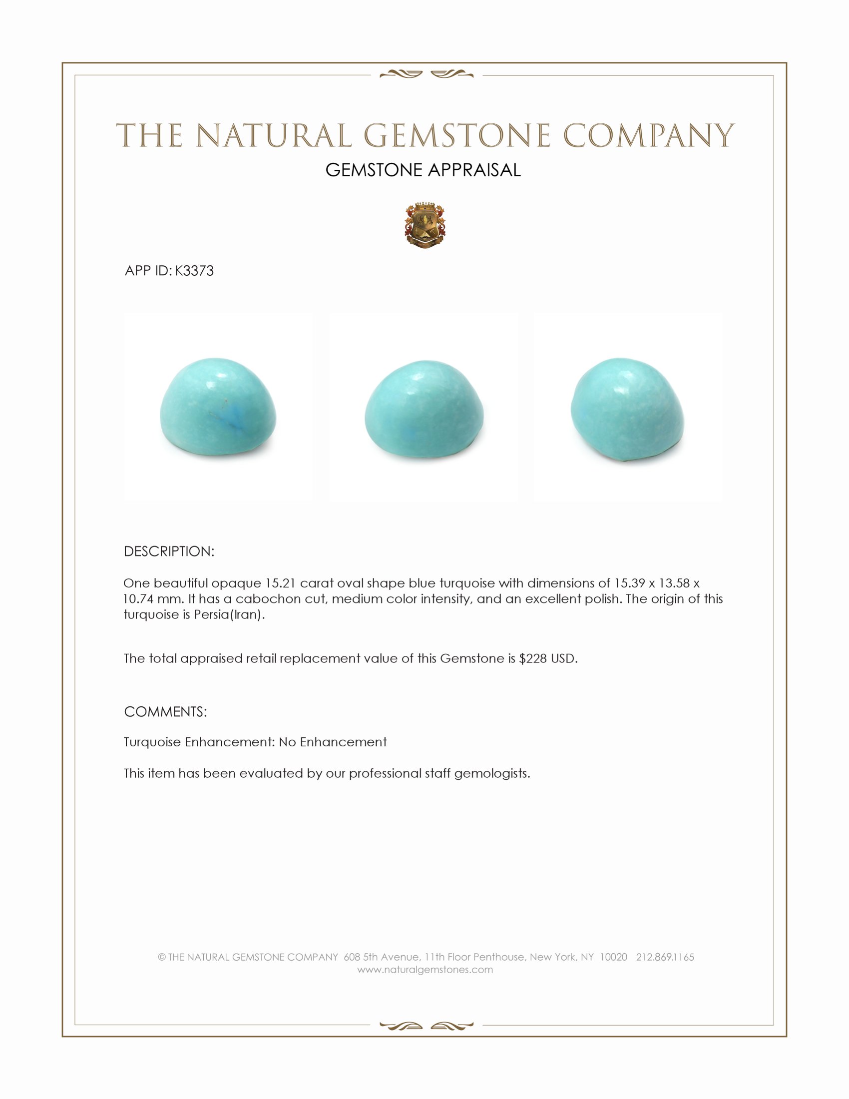 15.21 Ct. Blue Cabochon Turquoise from Persia(Iran)