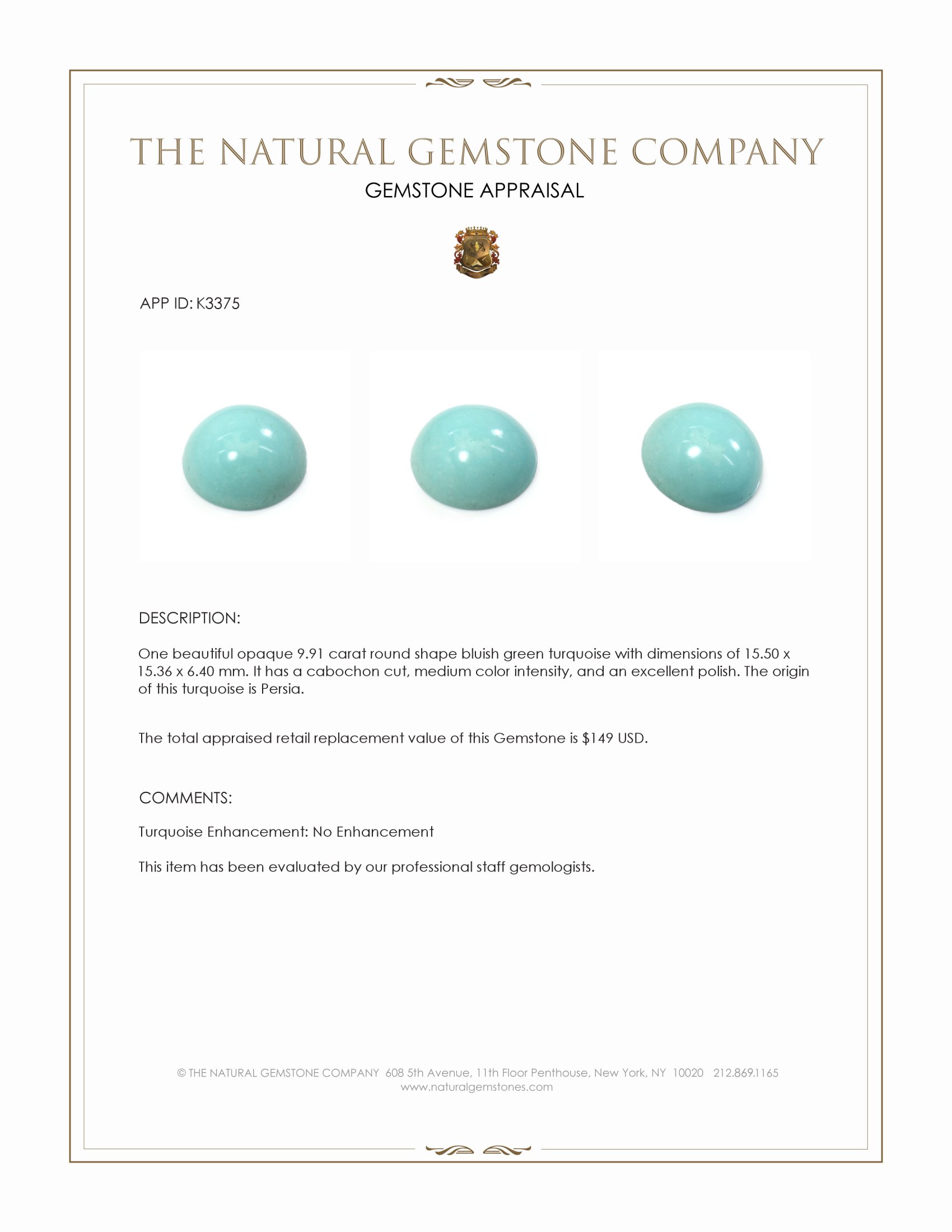 9.91 Ct. Cabochon Turquoise from Persia