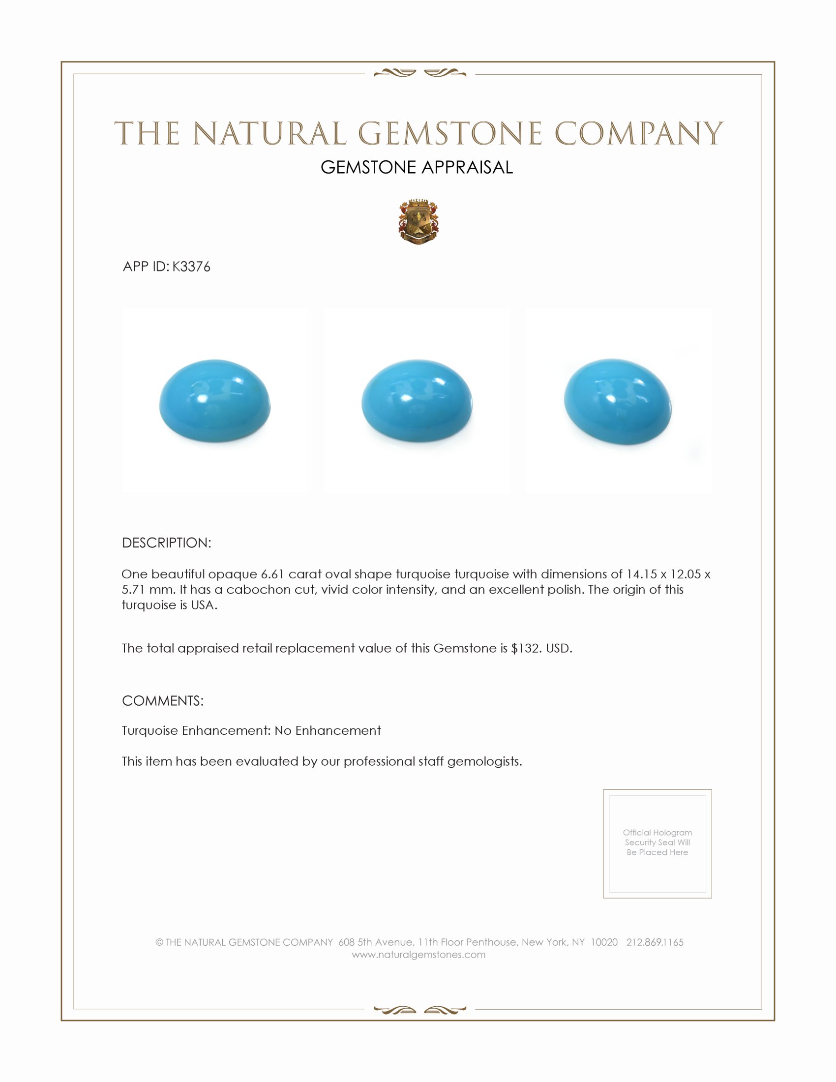 6.61 Ct. Cabochon Turquoise from United States