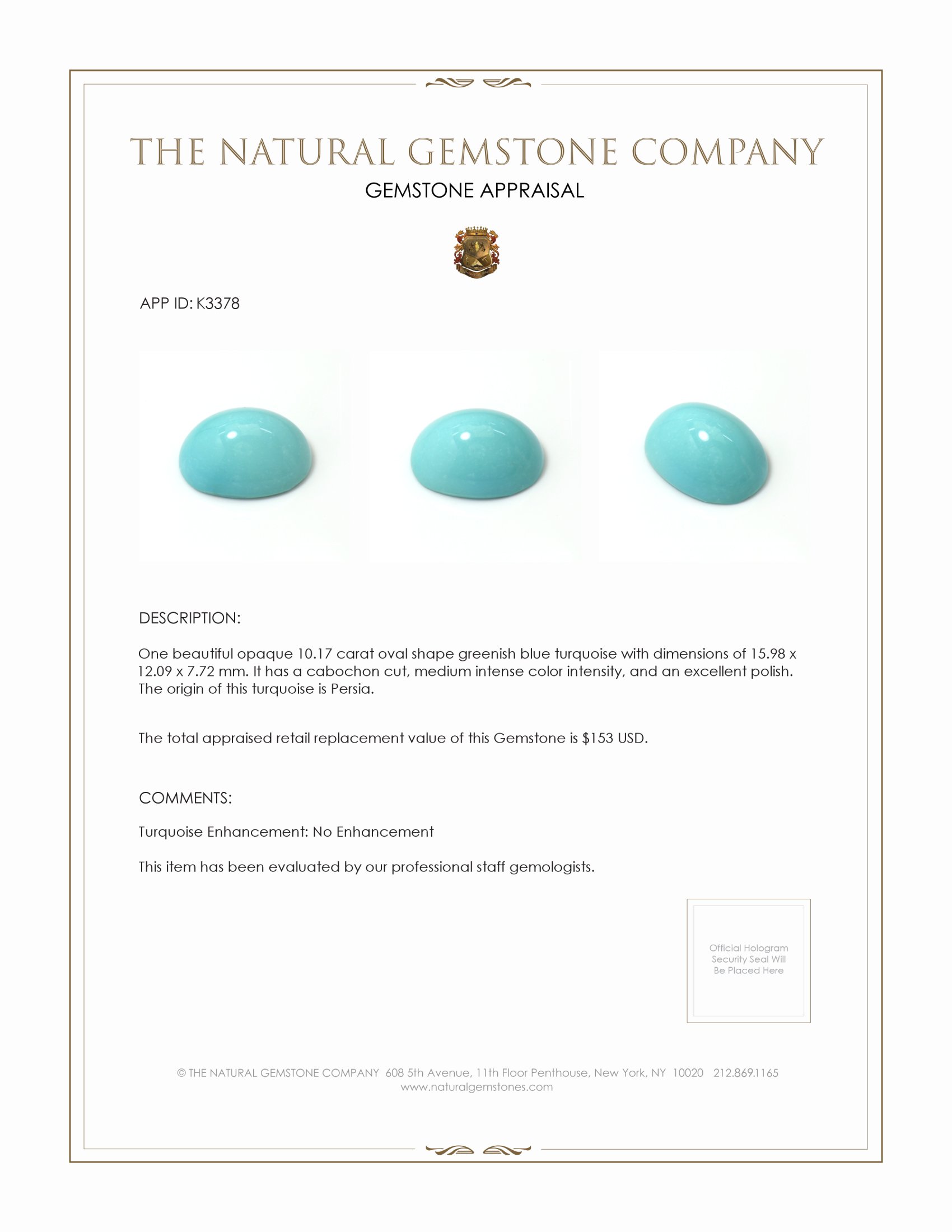 10.17 Ct. Cabochon Turquoise from Persia