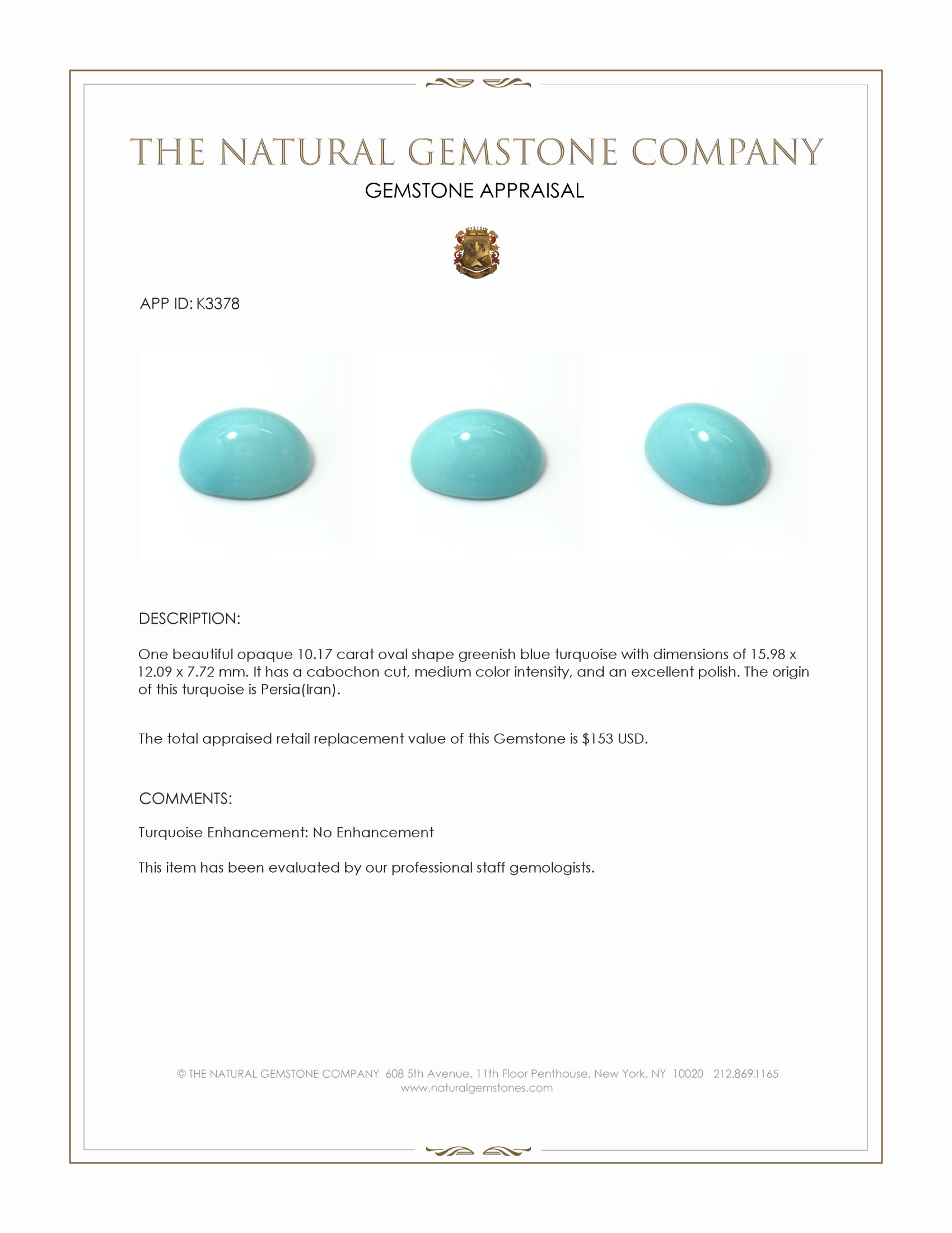 10.17 Ct. Cabochon Turquoise from Persia(Iran)