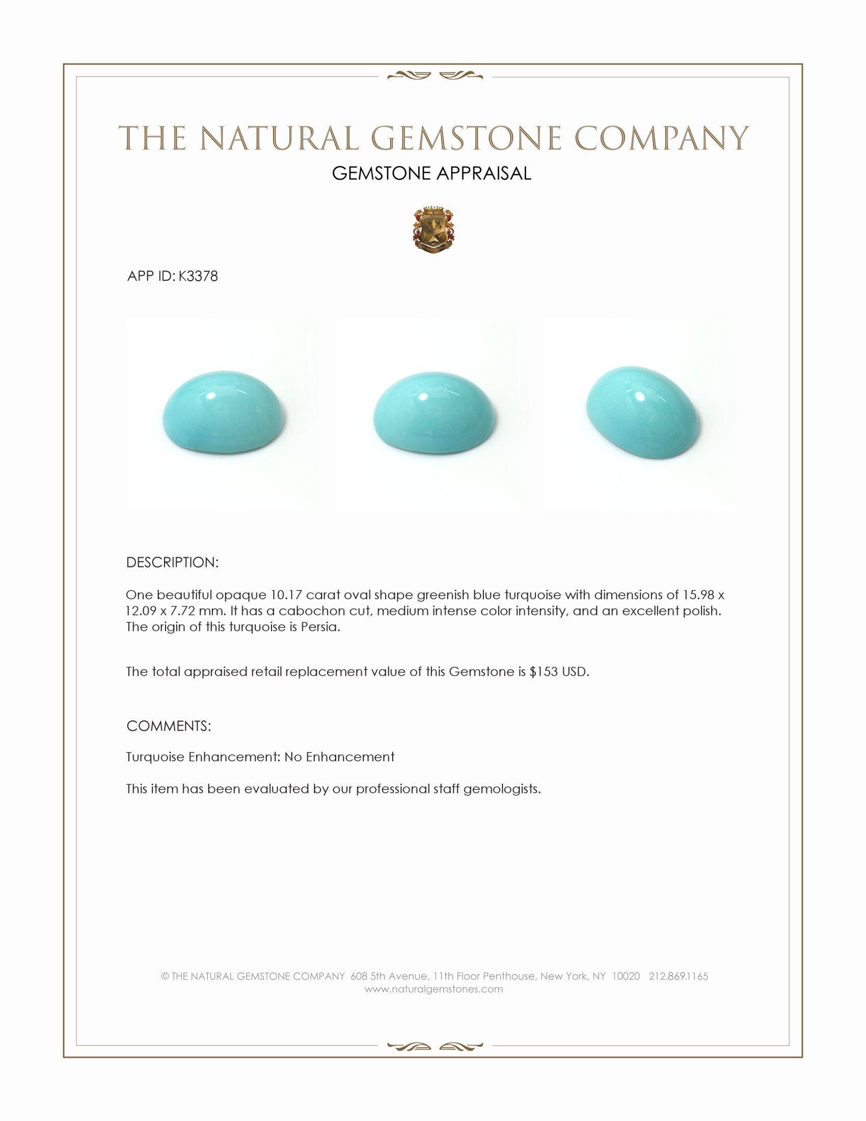 10.17 Ct. Cabochon Turquoise from Persia