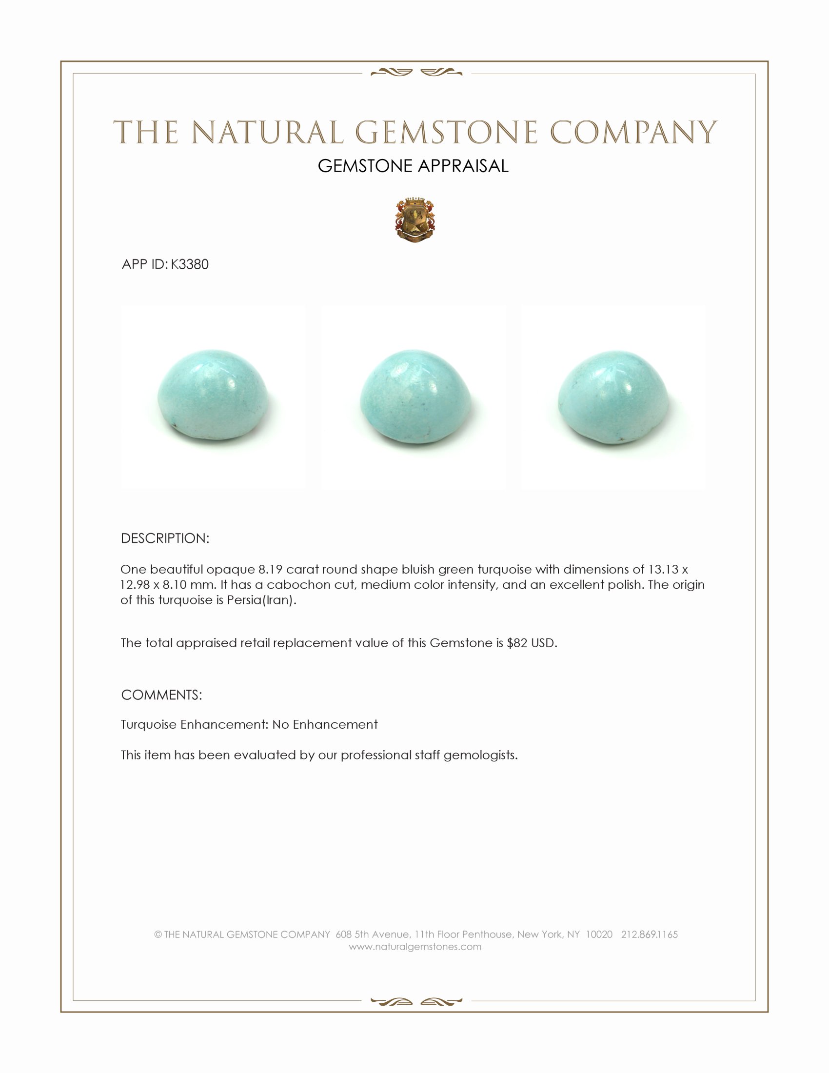8.19 Ct. Bluish Green Cabochon Turquoise from Persia(Iran)