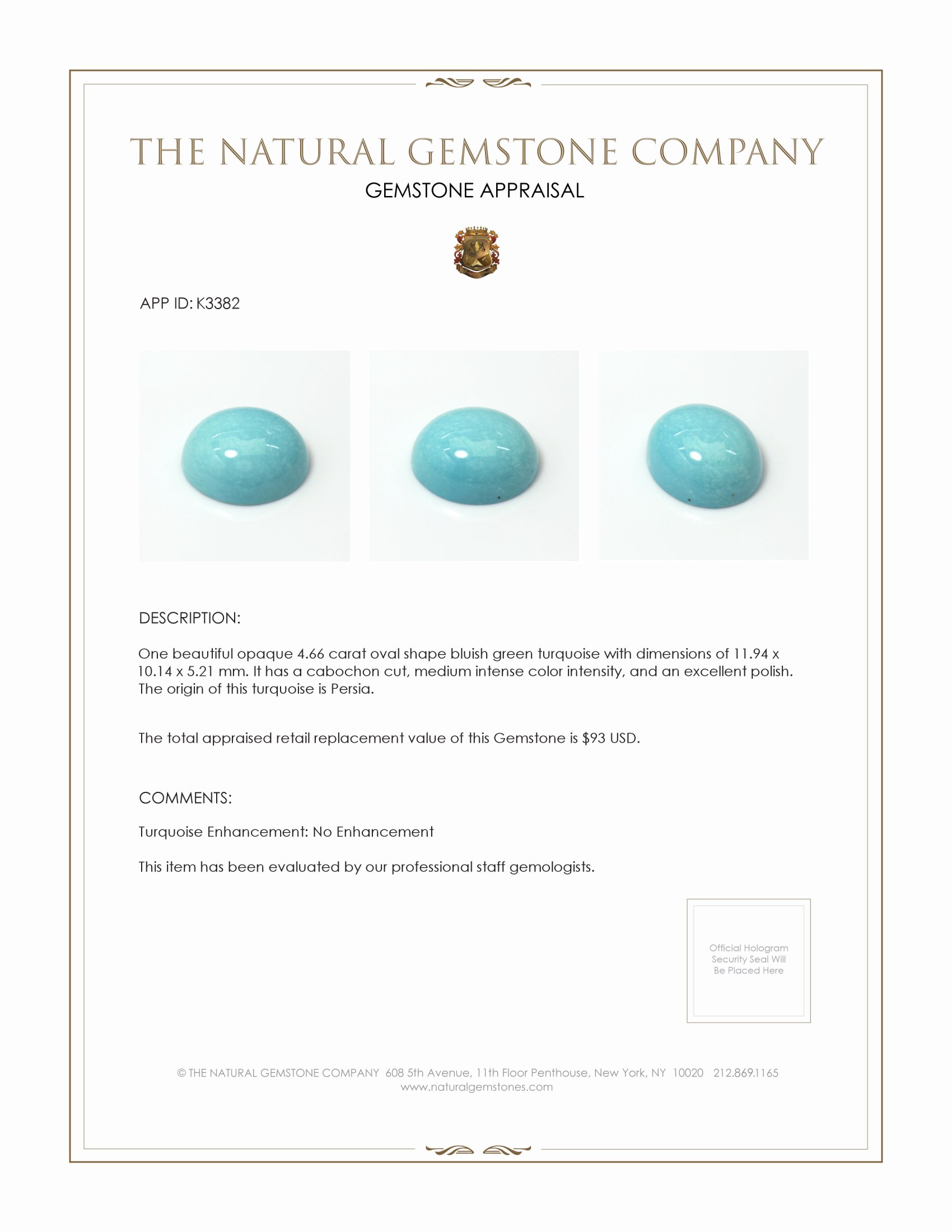 4.66 Ct. Cabochon Turquoise from Persia