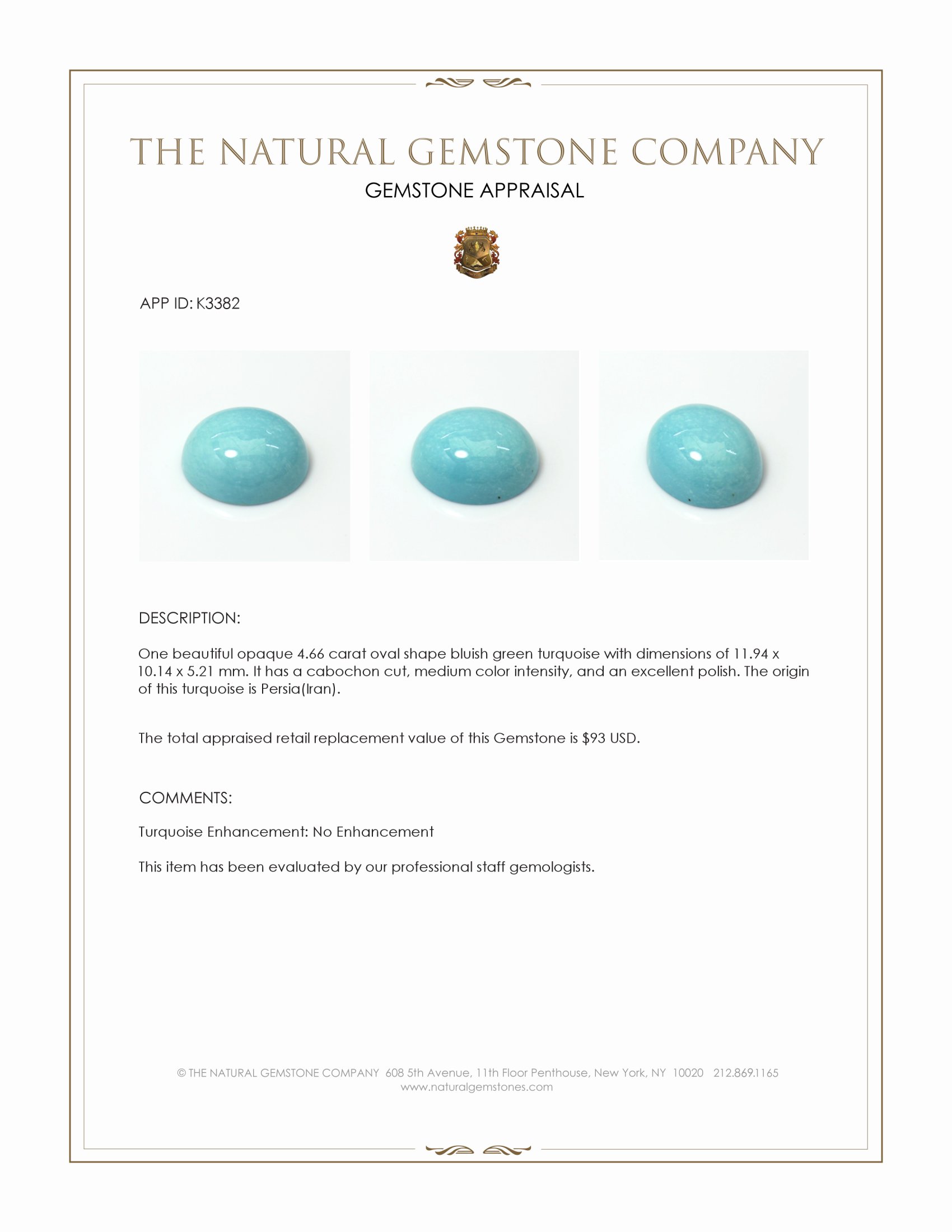 4.66 Ct. Cabochon Turquoise from Persia(Iran)